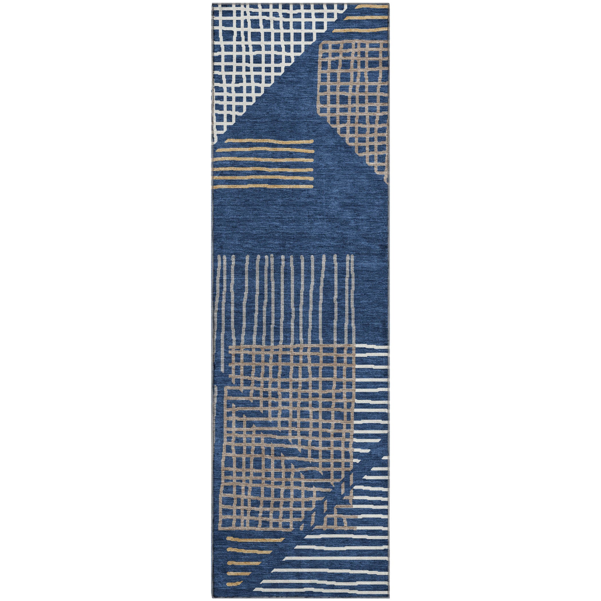 Split Machine Washable Transitional Navy Blue Rug 2'3" x 7'6" #shape_Runner