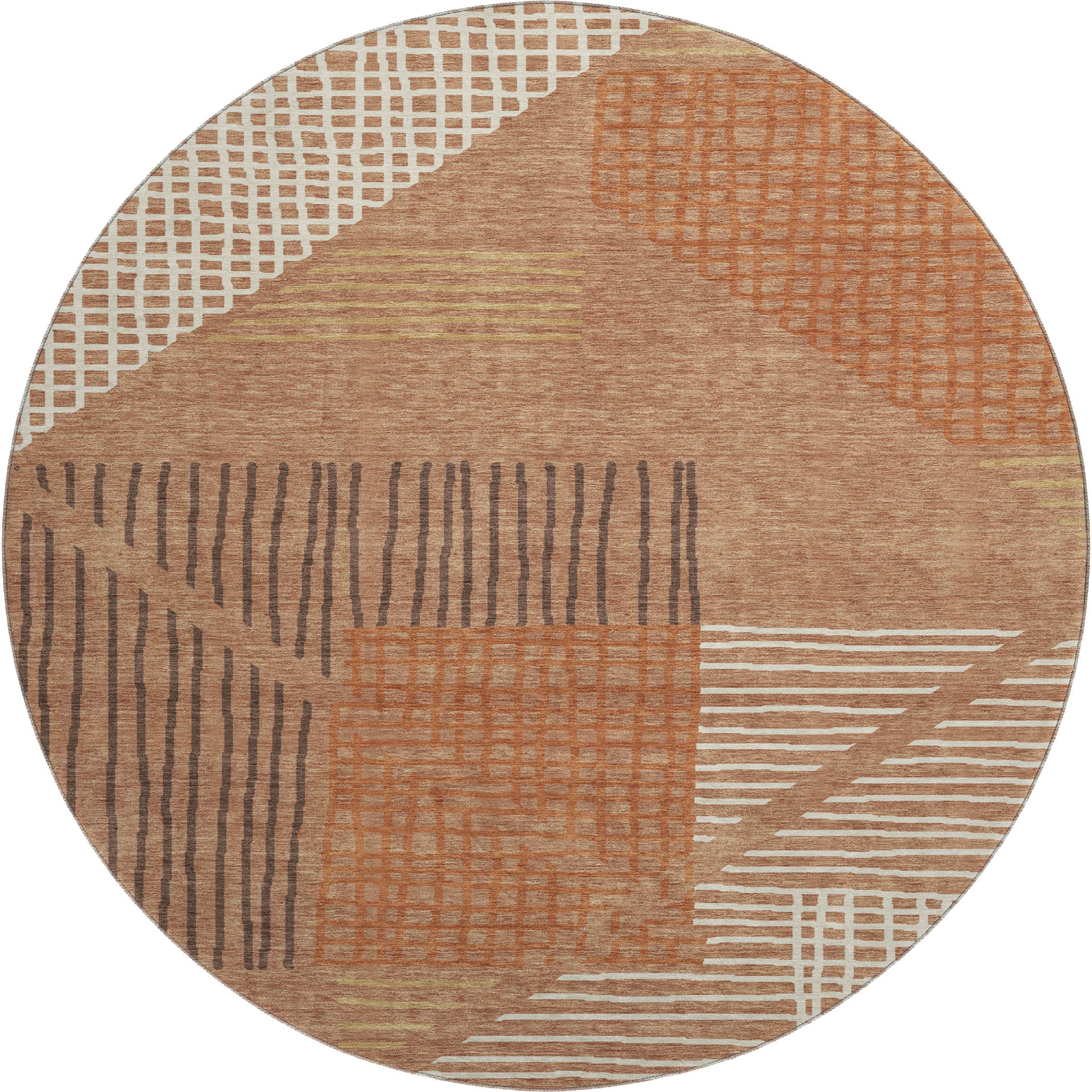 Split Machine Washable Transitional Paprika Orange Rug 8' x 8' #shape_Round
