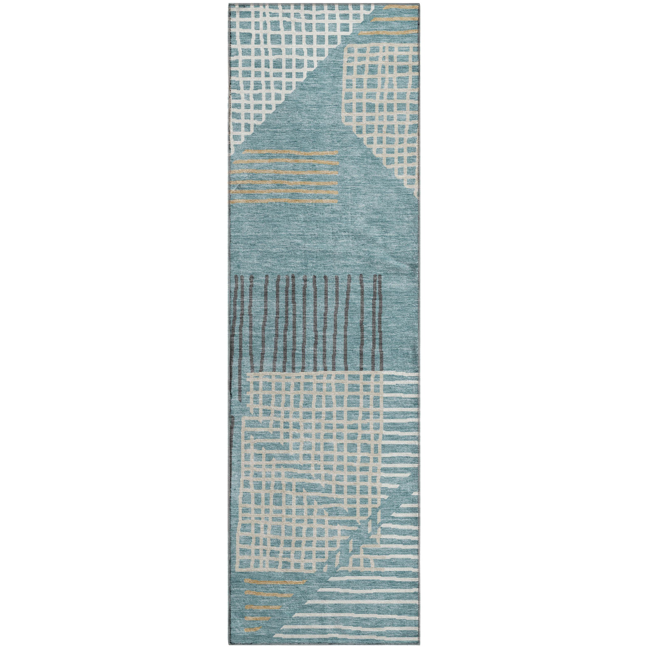 Split Machine Washable Transitional Teal Rug 2'3" x 7'6" #shape_Runner