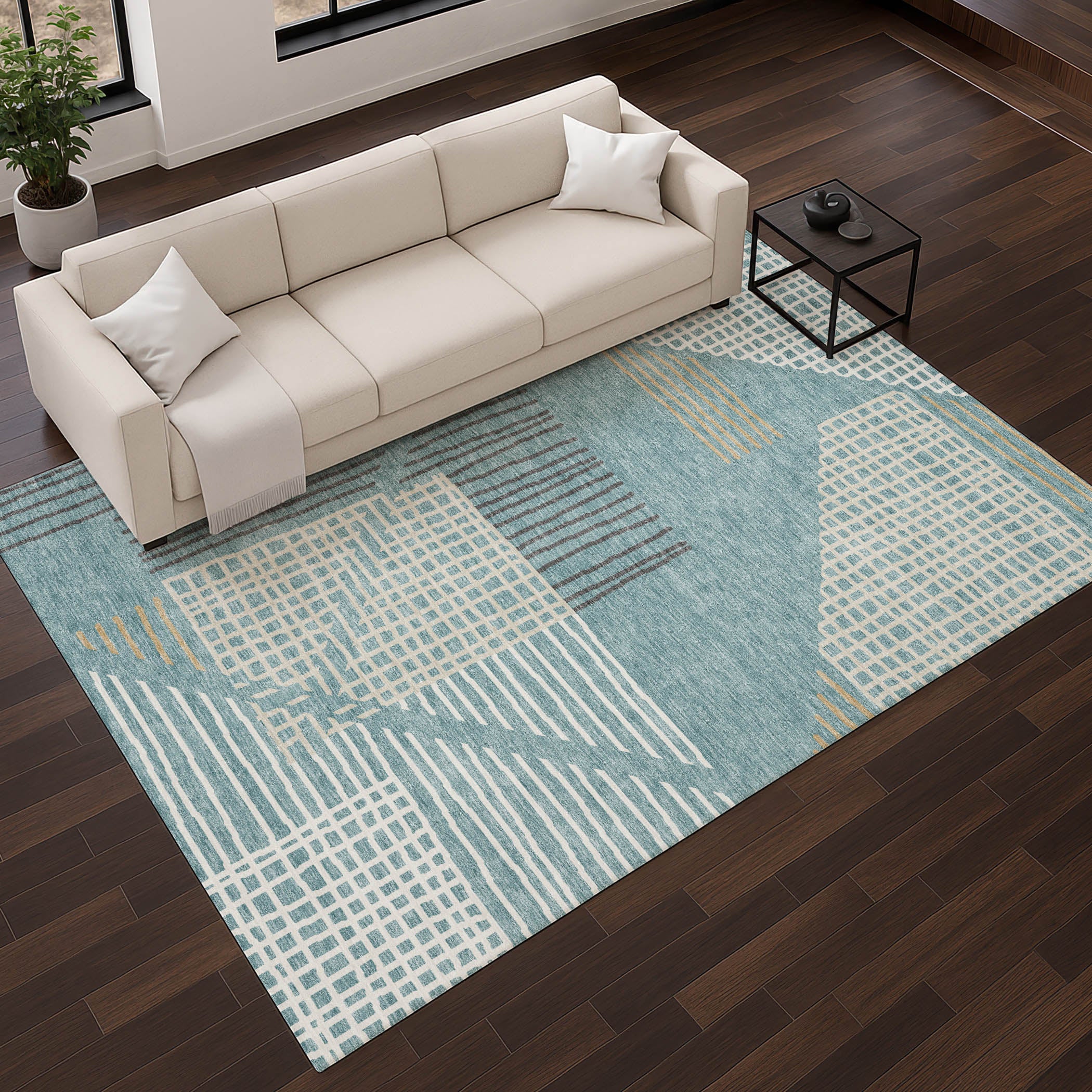 Split Machine Washable Transitional Teal Rug 2'6" x 3'10" #shape_Rectangle