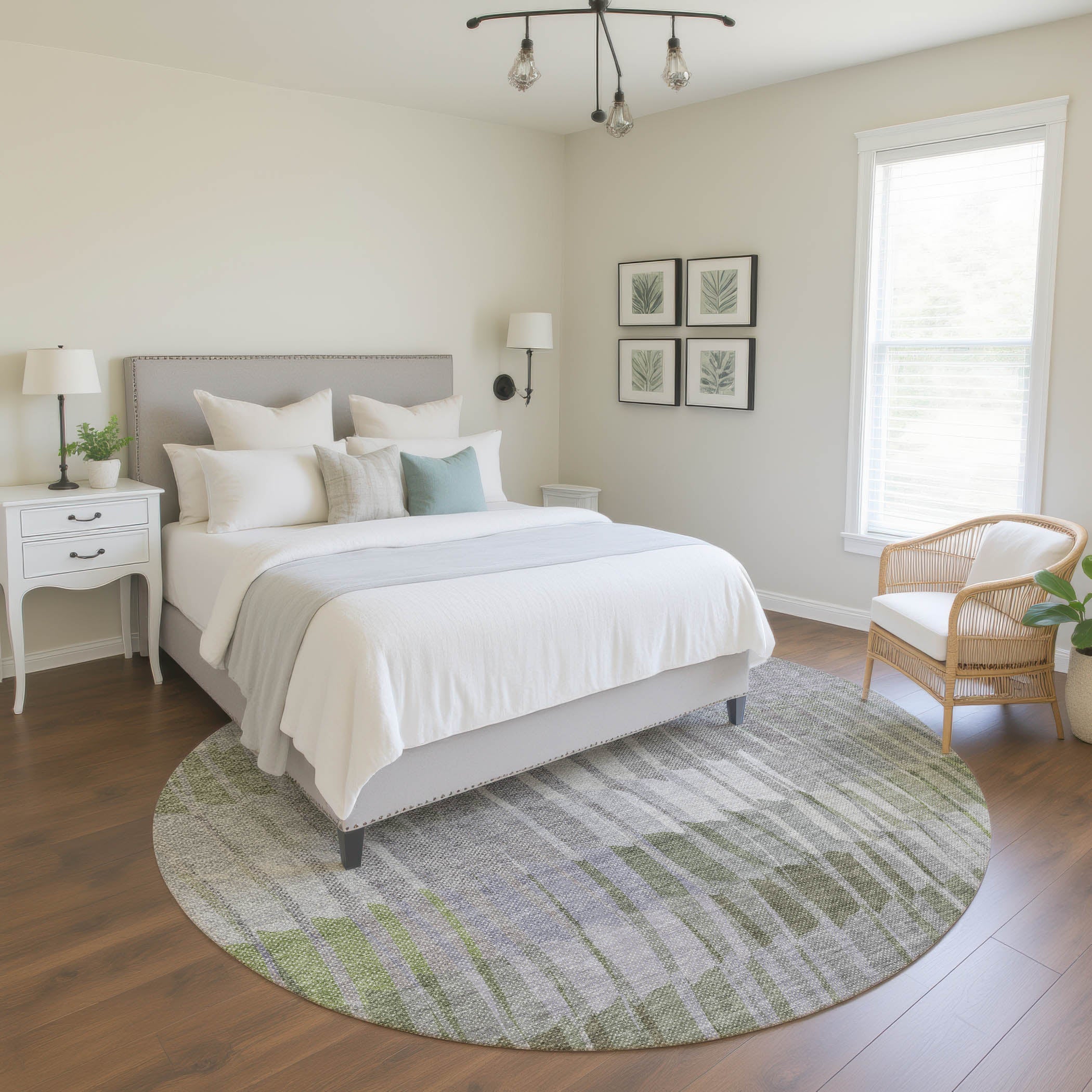 Bergen Machine Washable Transitional Olive Green Rug 8' x 8' #shape_Round
