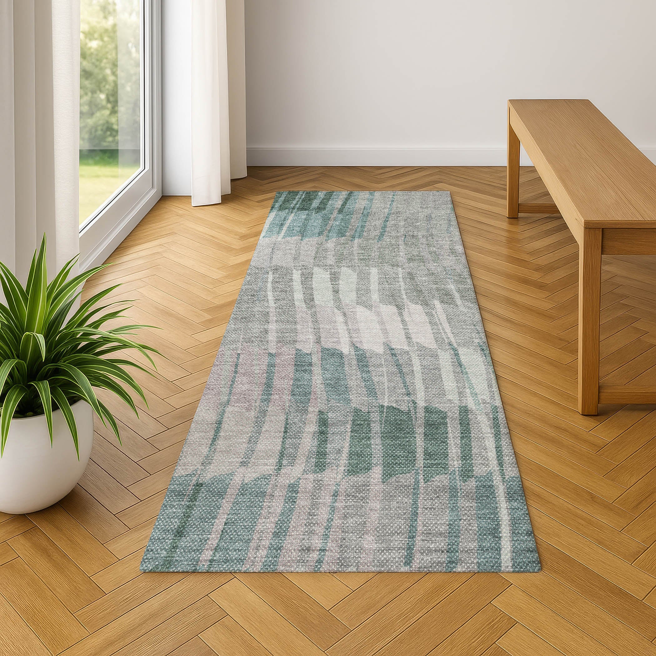 Bergen Machine Washable Transitional Teal Rug 2'3" x 7'6" #shape_Runner