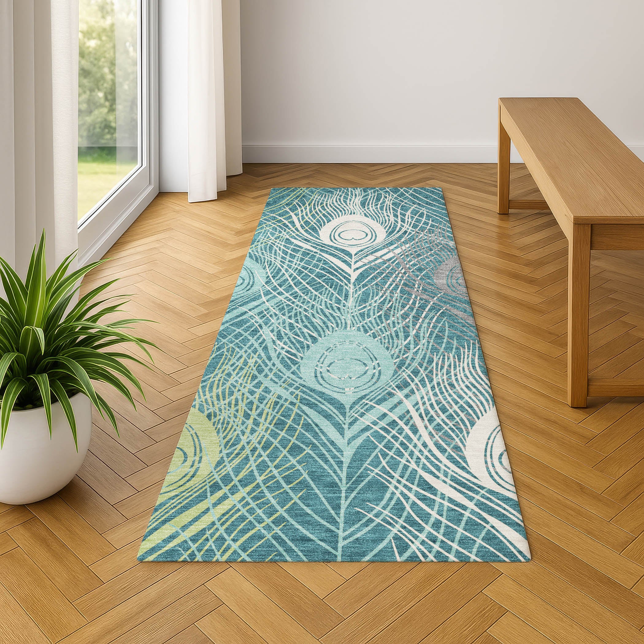 Zanzibar Machine Washable Transitional Teal Rug 2'3" x 7'6" #shape_Runner