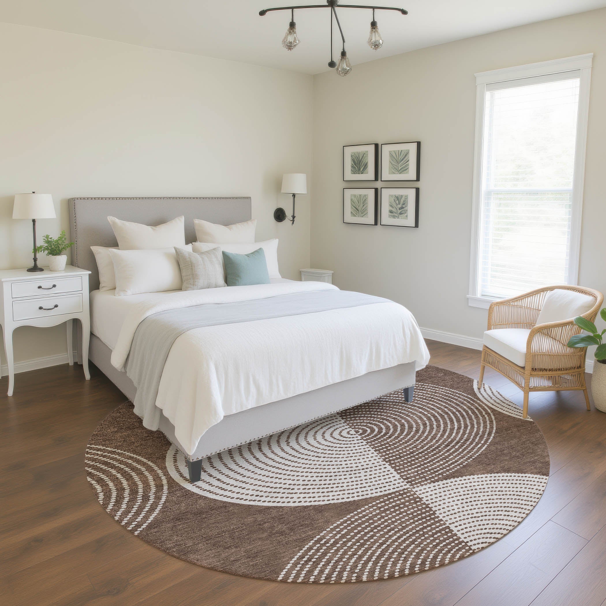 Santorini Machine Washable Transitional Beige Brown Rug 8' x 8' #shape_Round