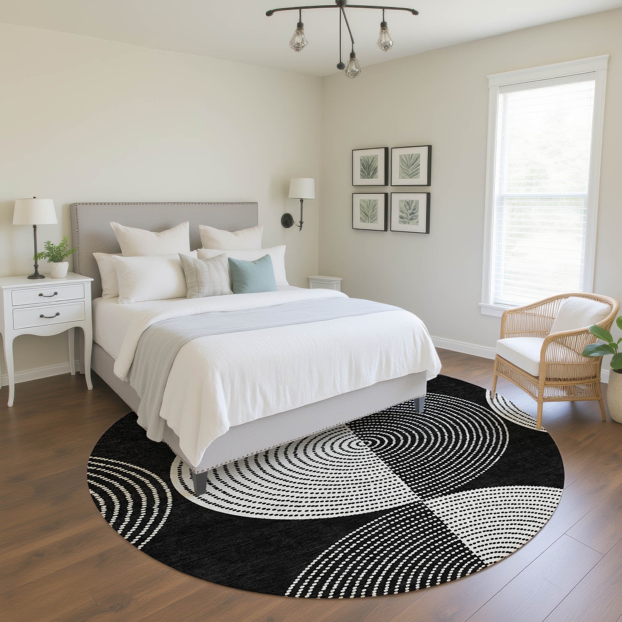 Santorini Machine Washable Transitional Black Rug 8' x 8' #shape_Round