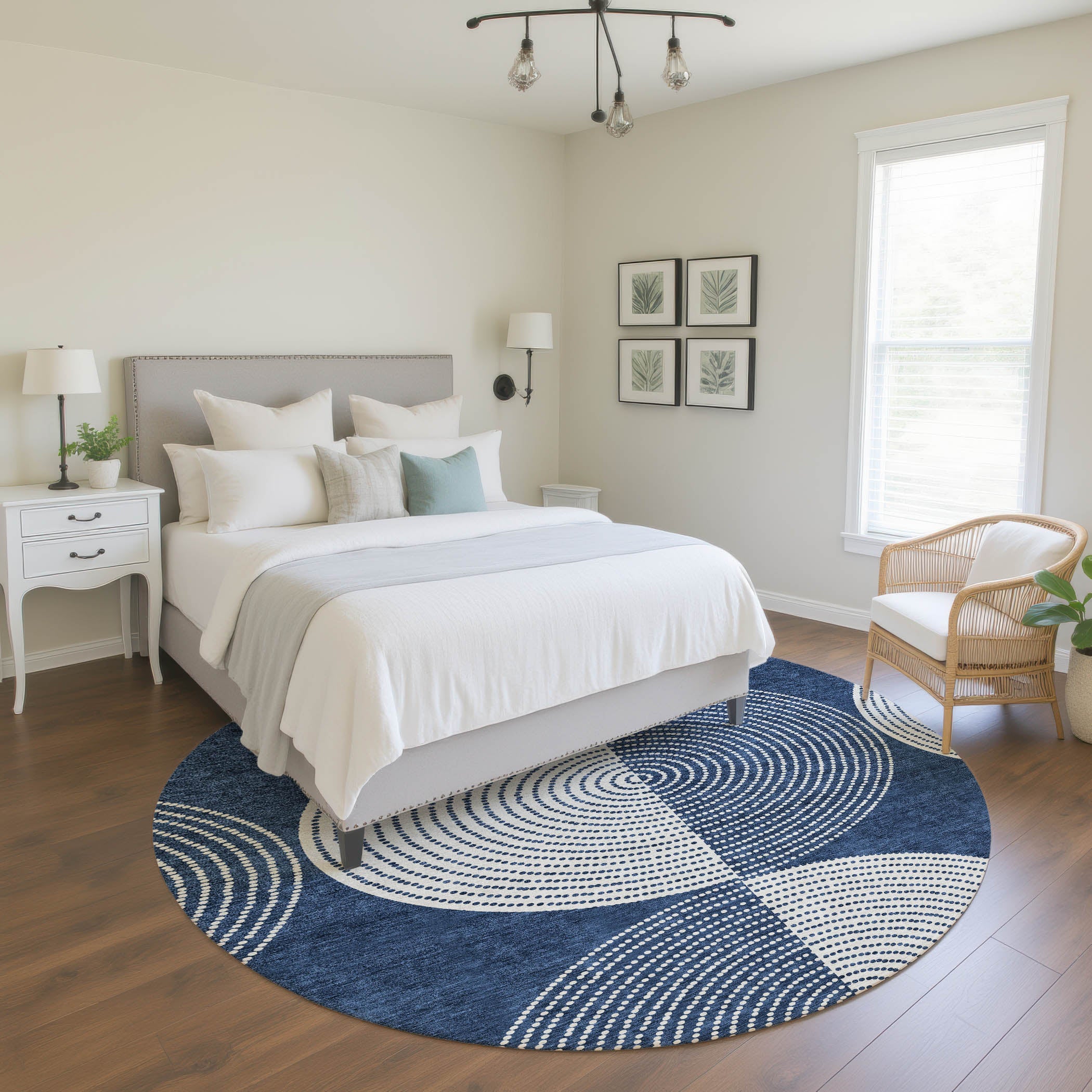 Santorini Machine Washable Transitional Navy Blue Rug 8' x 8' #shape_Round