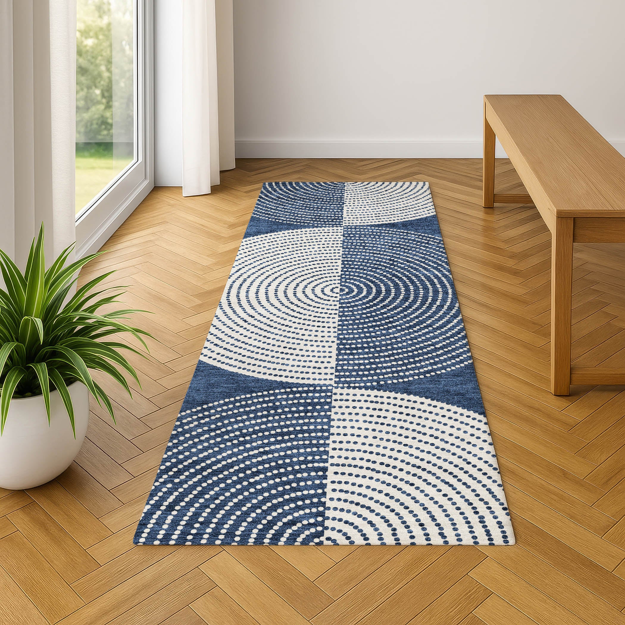 Santorini Machine Washable Transitional Navy Blue Rug 2'3" x 7'6" #shape_Runner