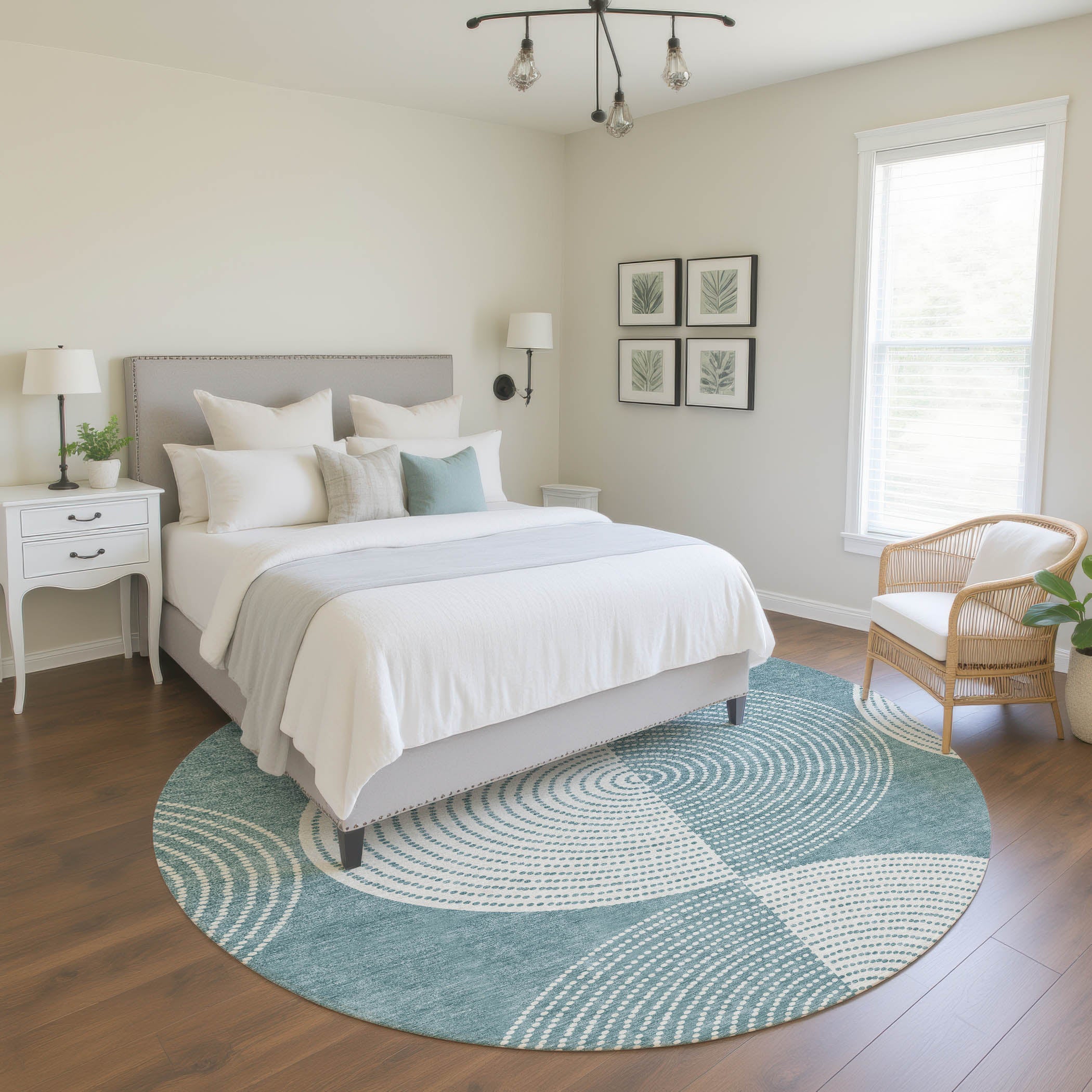 Santorini Machine Washable Transitional Teal Rug 8' x 8' #shape_Round