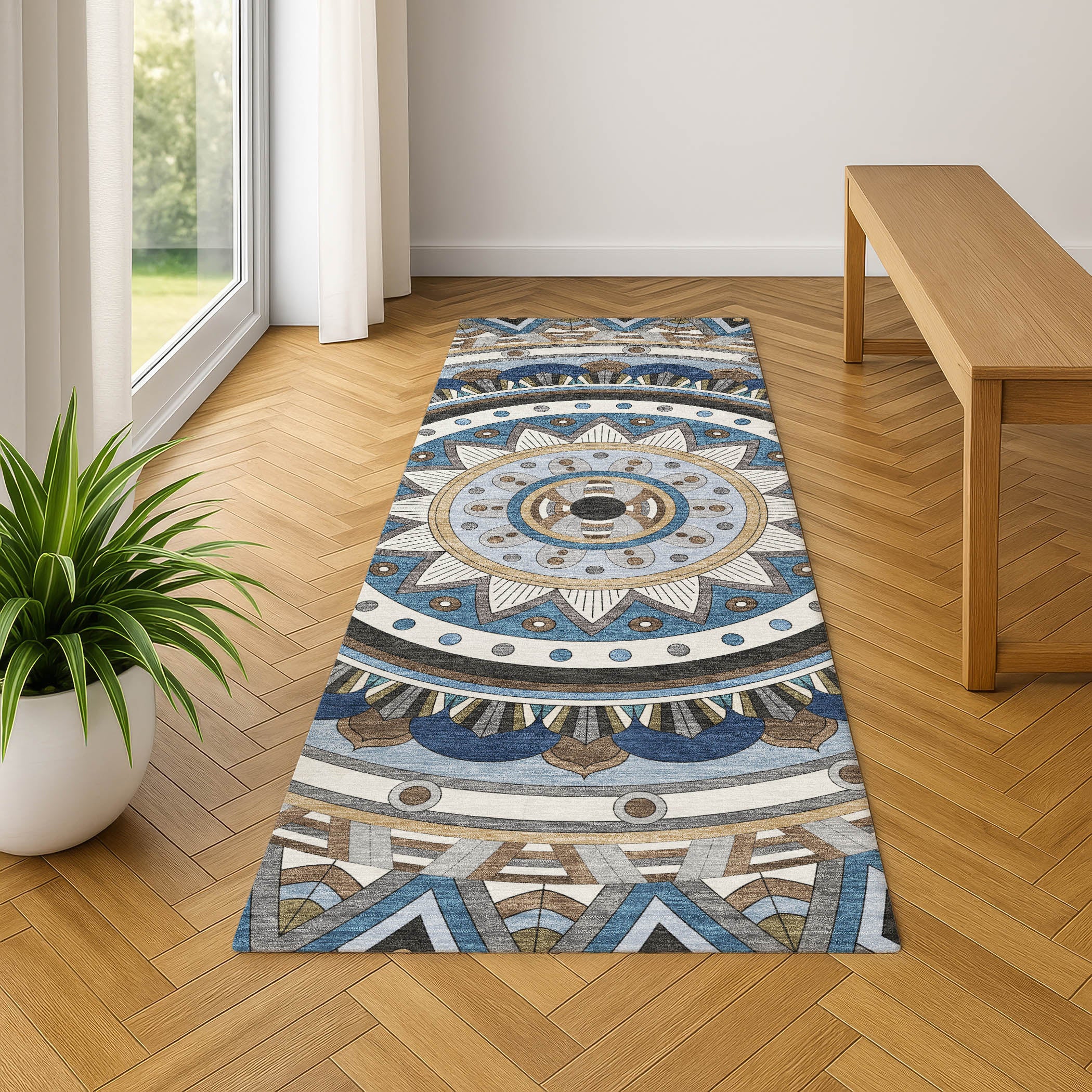 Split Machine Washable Transitional Denim Blue Rug 2'3" x 7'6" #shape_Runner