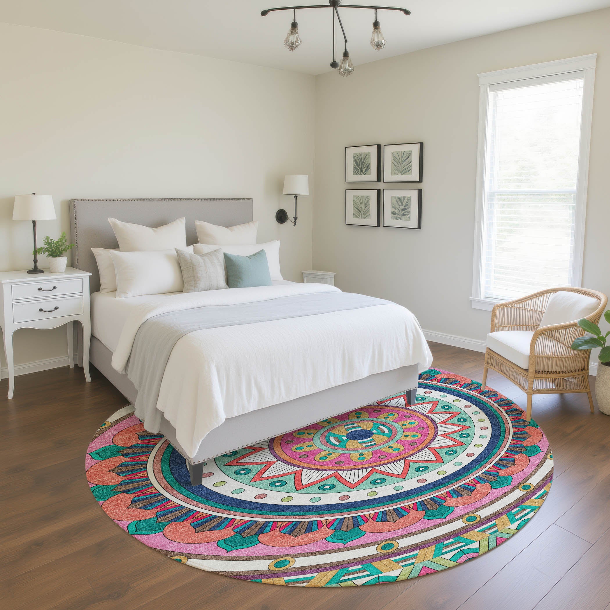 Split Machine Washable Transitional Pink Rug 8' x 8' #shape_Round