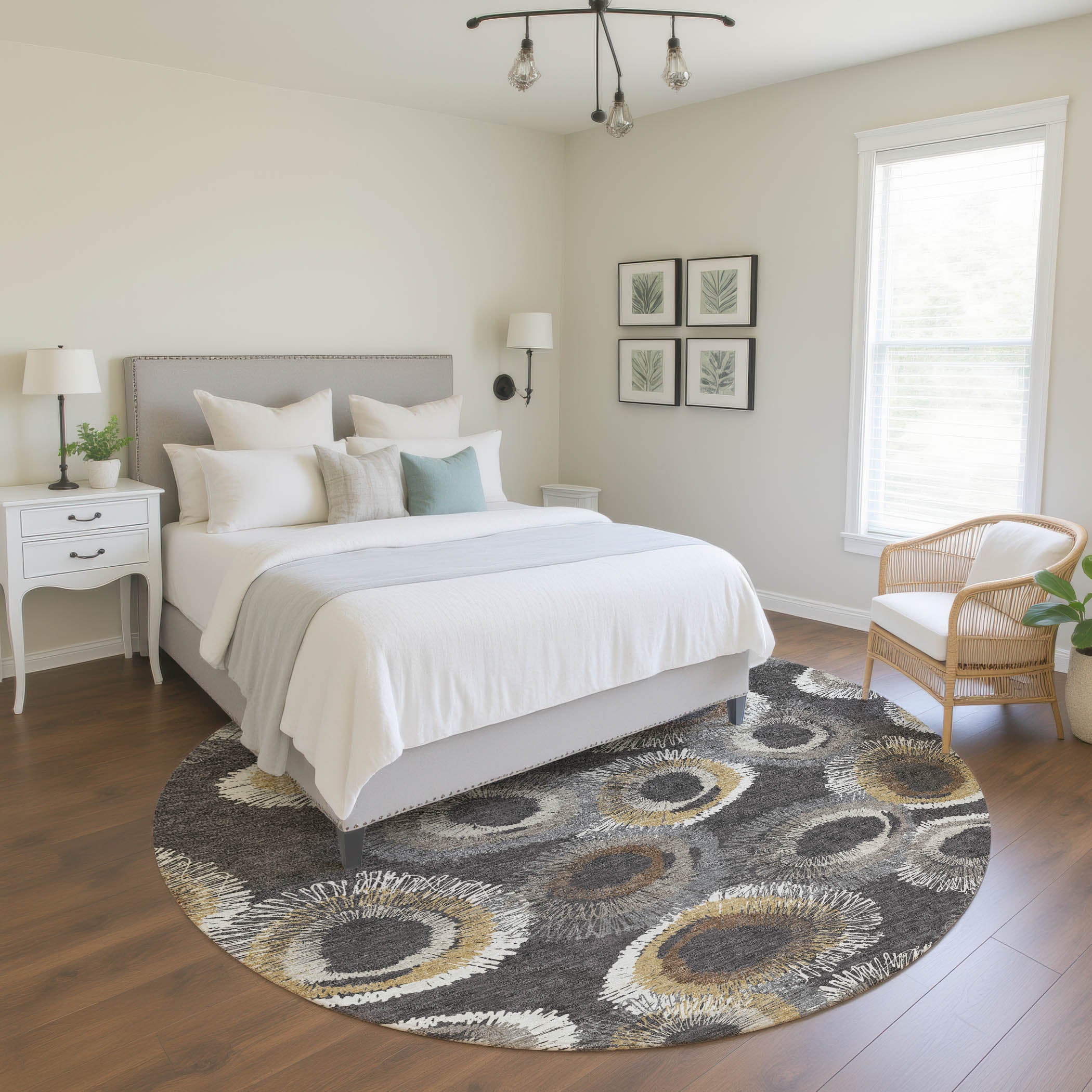 Kyoto Machine Washable Transitional Charcoal Gray Rug 8' x 8' #shape_Round