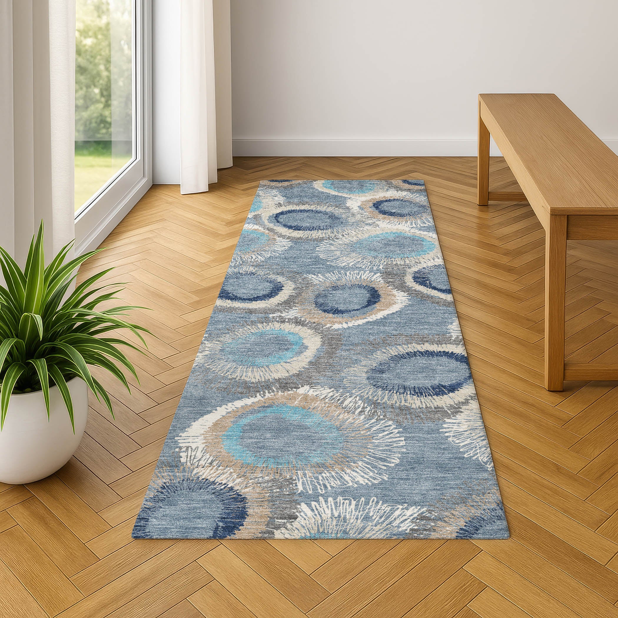 Kyoto Machine Washable Transitional Denim Blue Rug 2'3" x 7'6" #shape_Runner