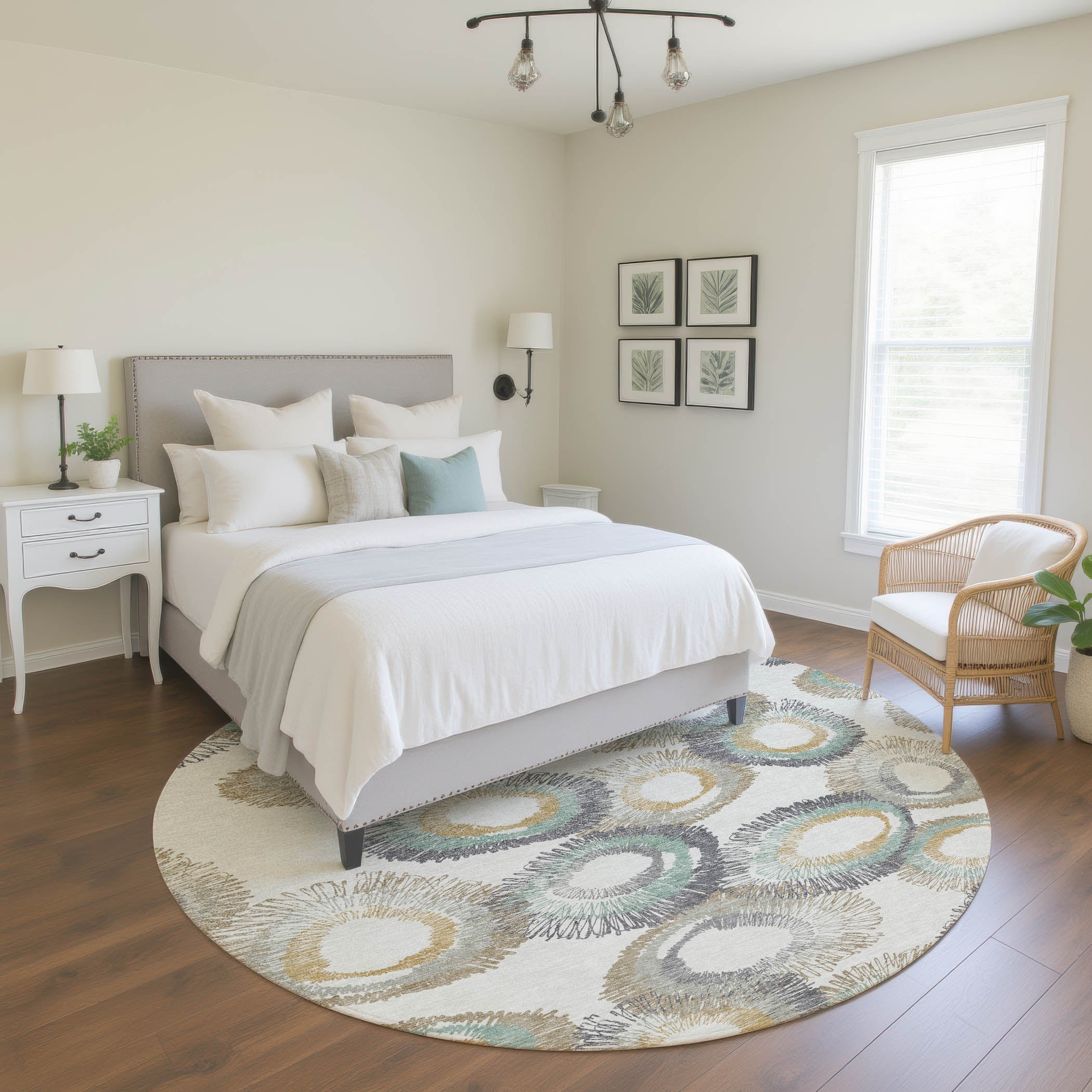 Kyoto Machine Washable Transitional Ivory Rug 8' x 8' #shape_Round