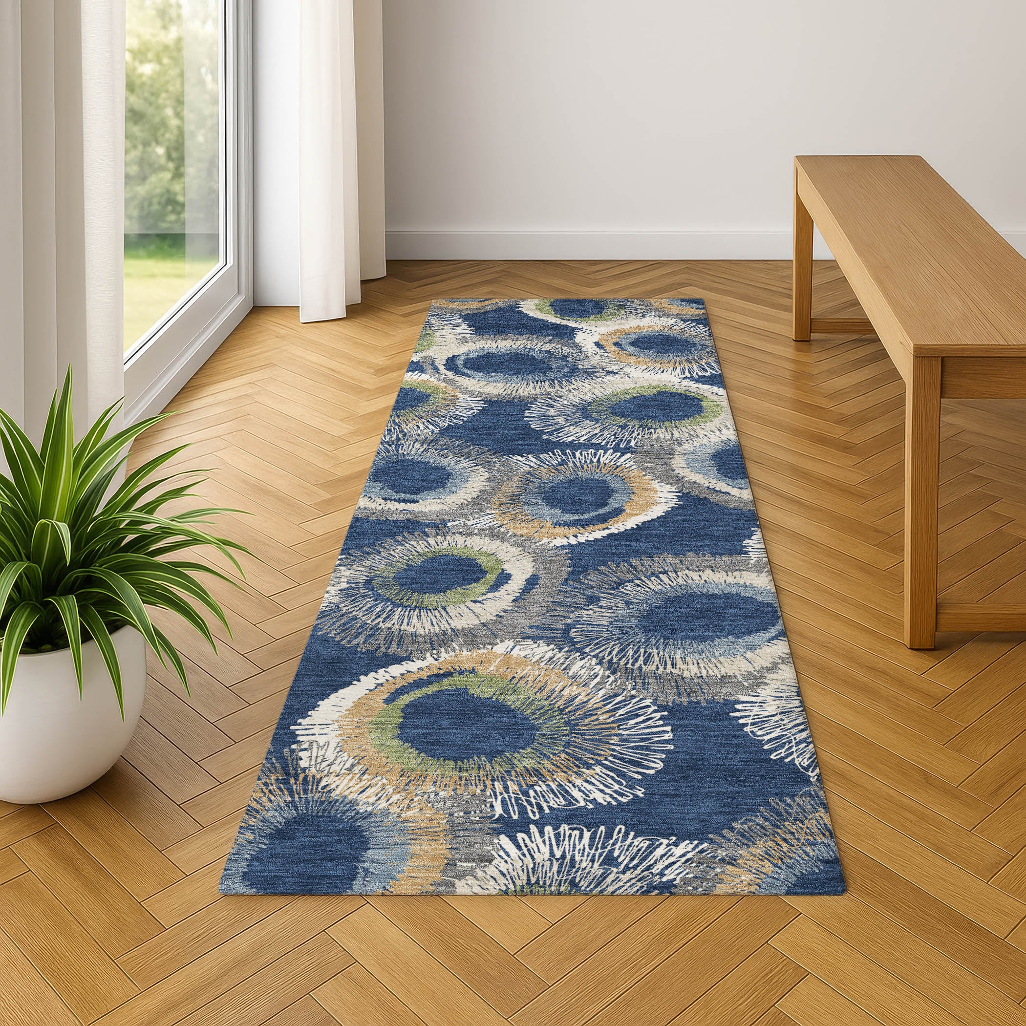 Kyoto Machine Washable Transitional Navy Blue Rug 2'3" x 7'6" #shape_Runner
