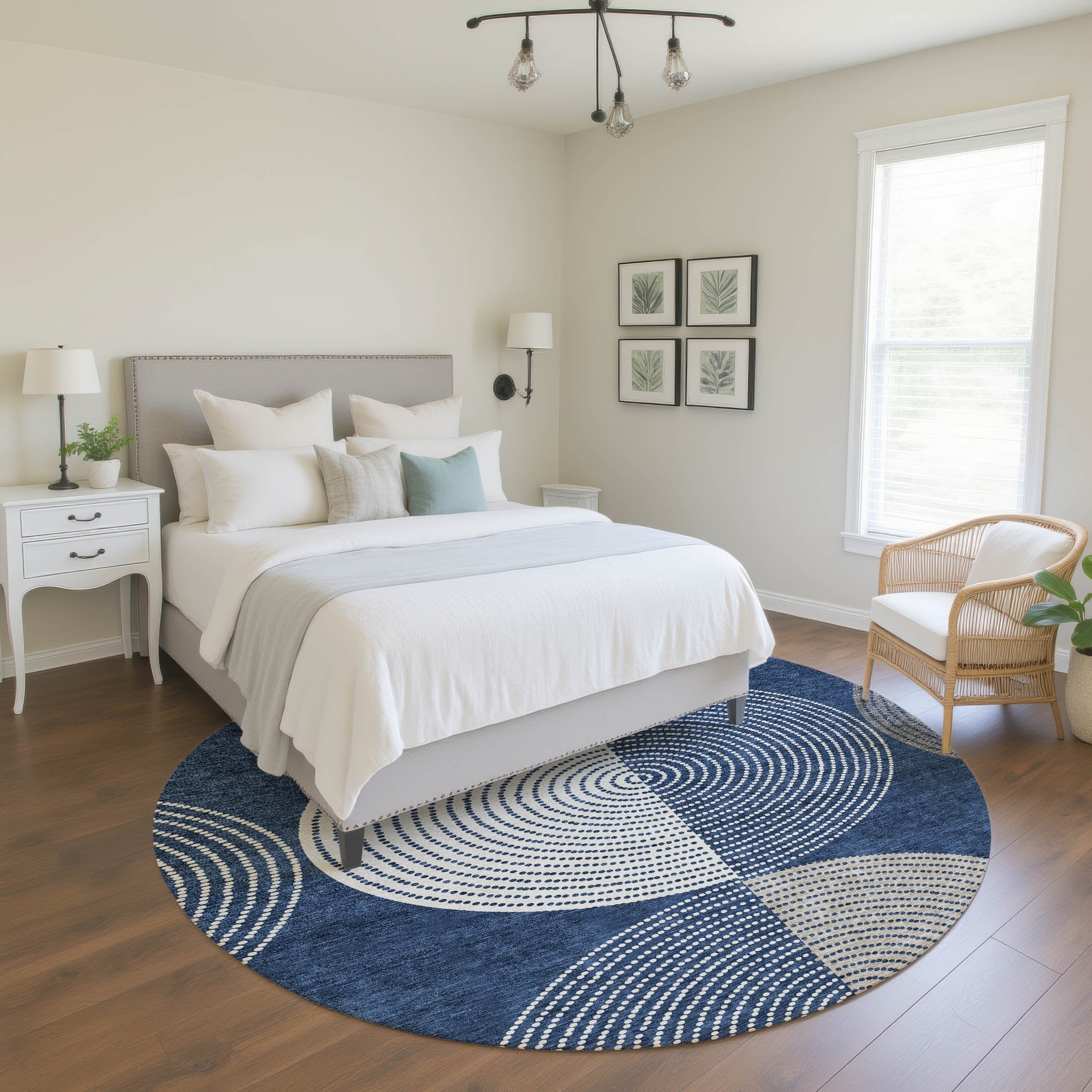 Valletta Machine Washable Transitional Navy Blue Rug 8' x 8' #shape_Round
