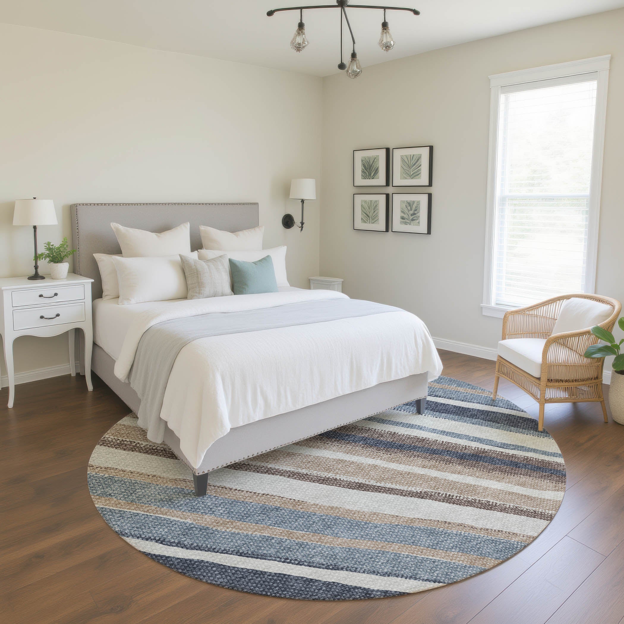 Luang Prabang Machine Washable Transitional Denim Blue Rug 8' x 8' #shape_Round
