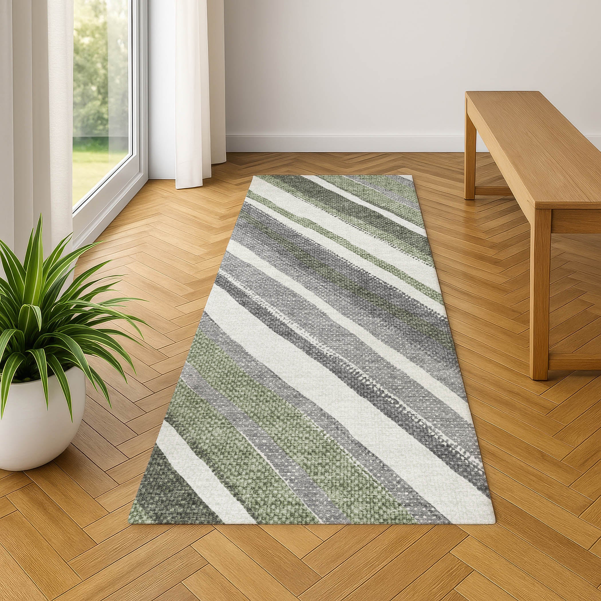 Luang Prabang Machine Washable Transitional Fern Green Rug 2'3" x 7'6" #shape_Runner