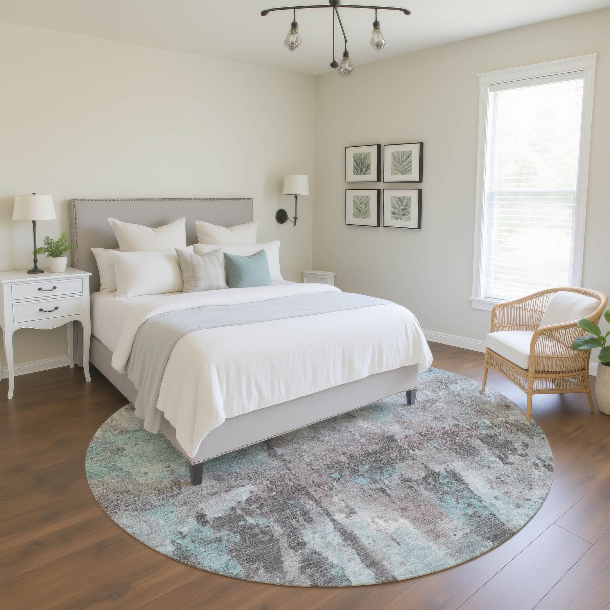 Cairo Machine Washable Transitional Teal Rug 8' x 8' #shape_Round