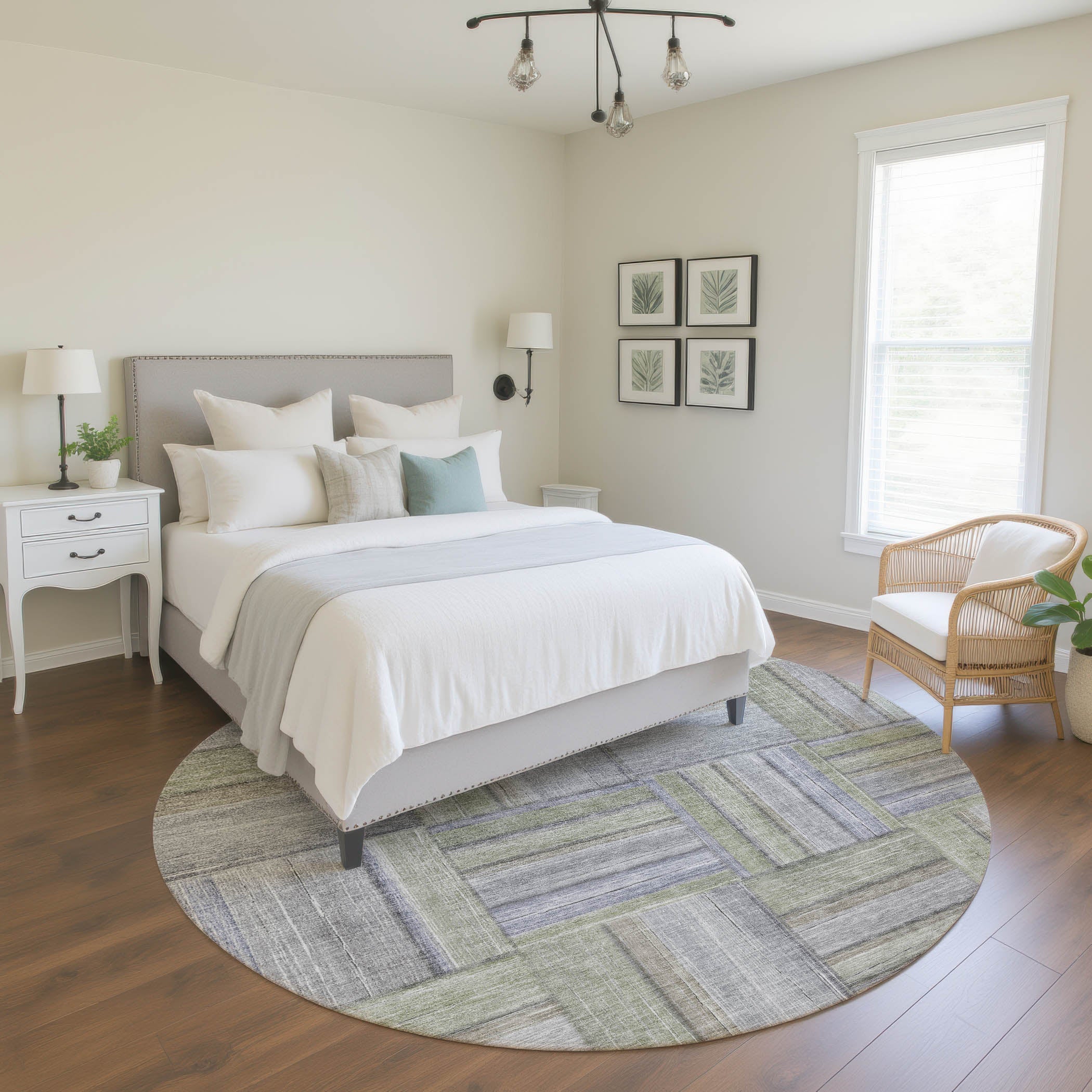 Porto Machine Washable Transitional Fern Green Rug 8' x 8' #shape_Round