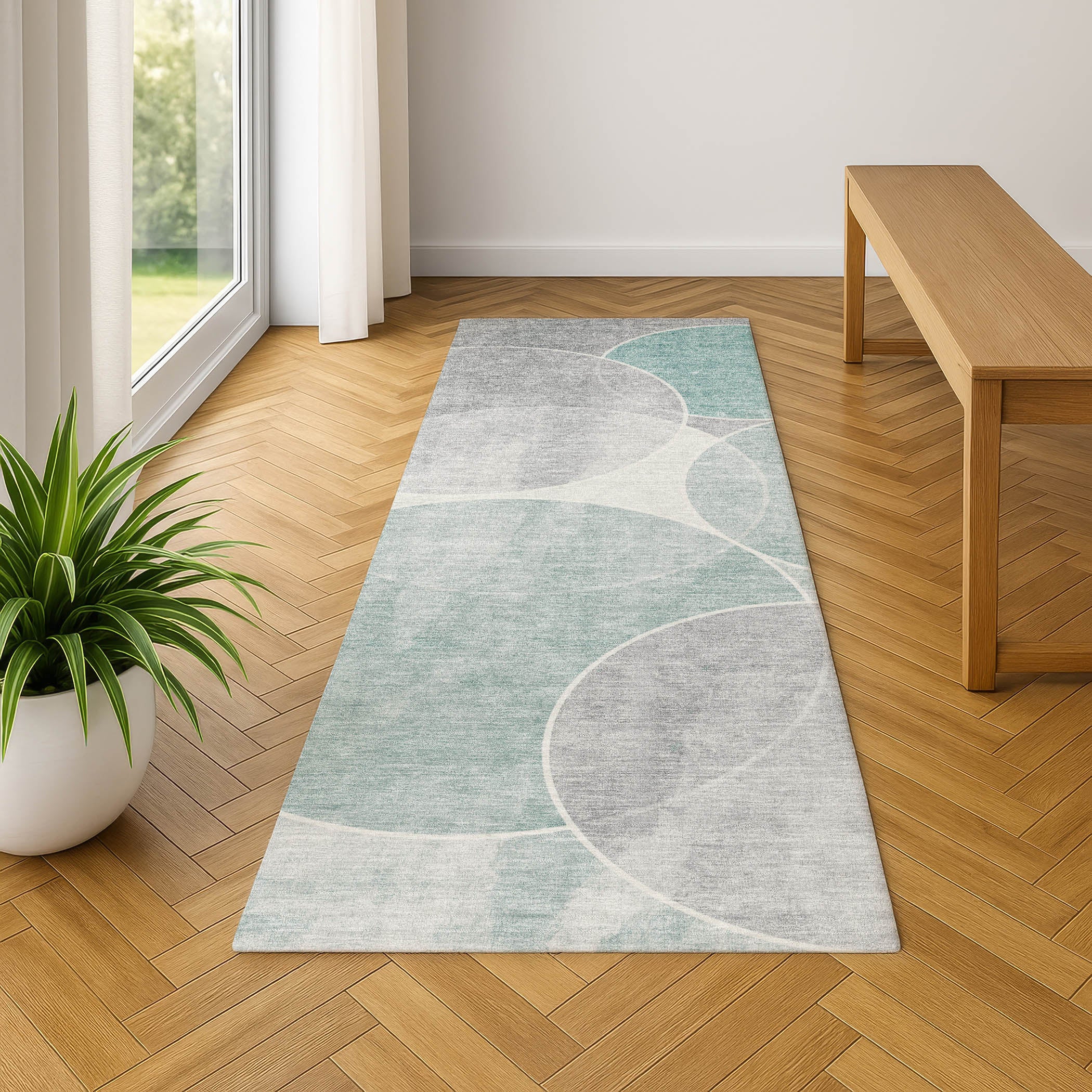 Athens Machine Washable Transitional Teal Rug 2'3" x 7'6" #shape_Runner