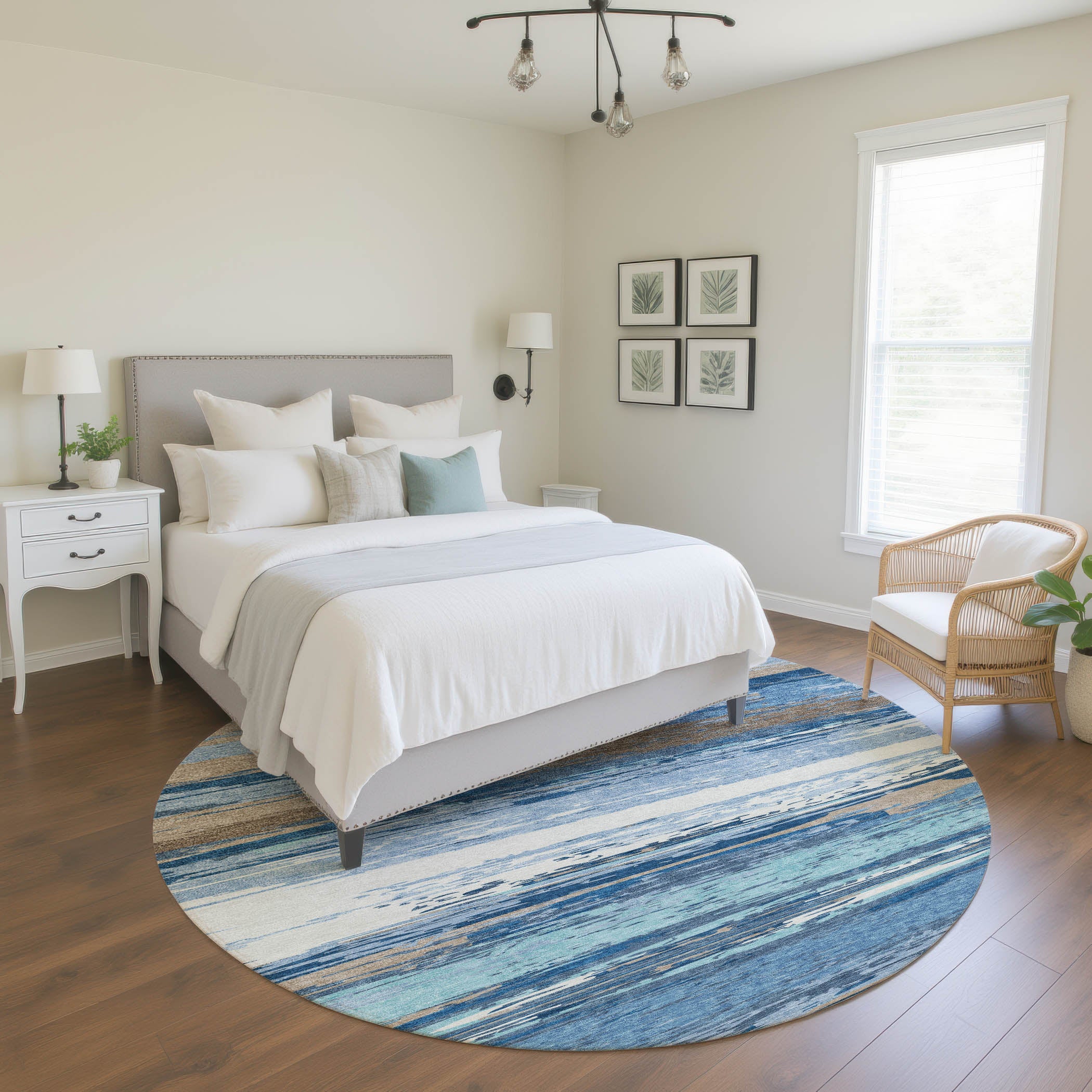 Mostar Machine Washable Transitional Blue Rug 8' x 8' #shape_Round