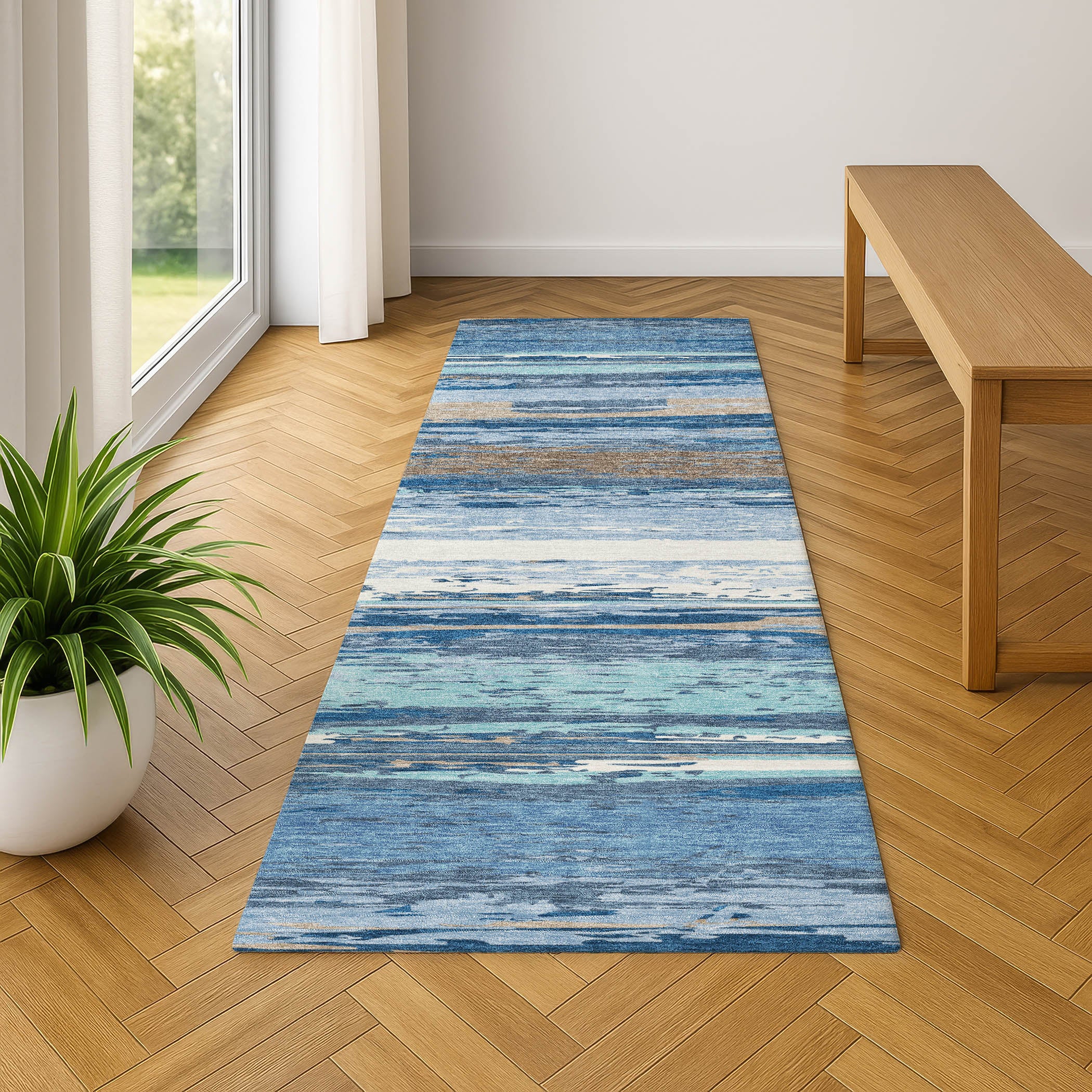 Mostar Machine Washable Transitional Blue Rug 2'3" x 7'6" #shape_Runner
