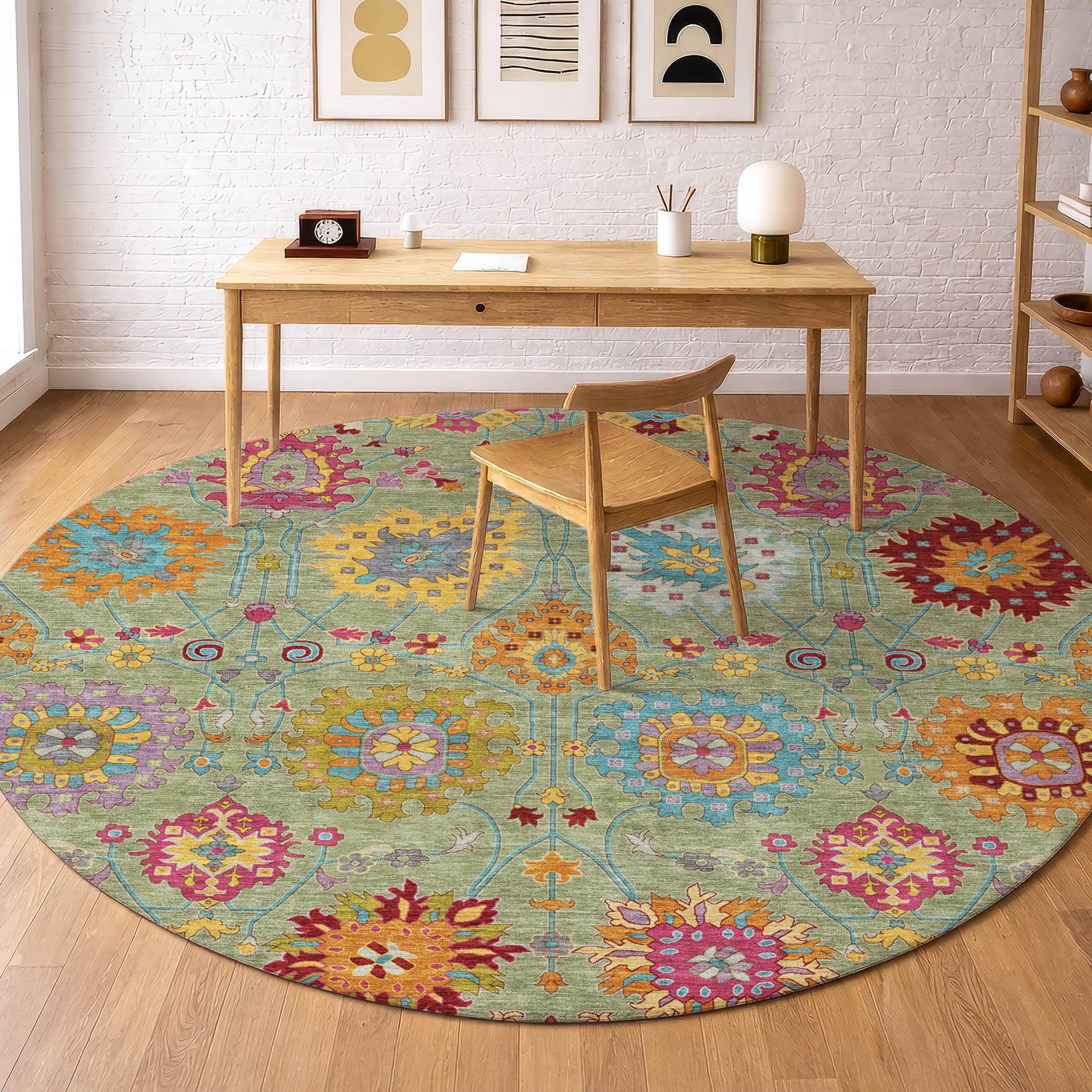 Antigua Machine Washable Transitional Aloe Green Rug 8' x 8' #shape_Round