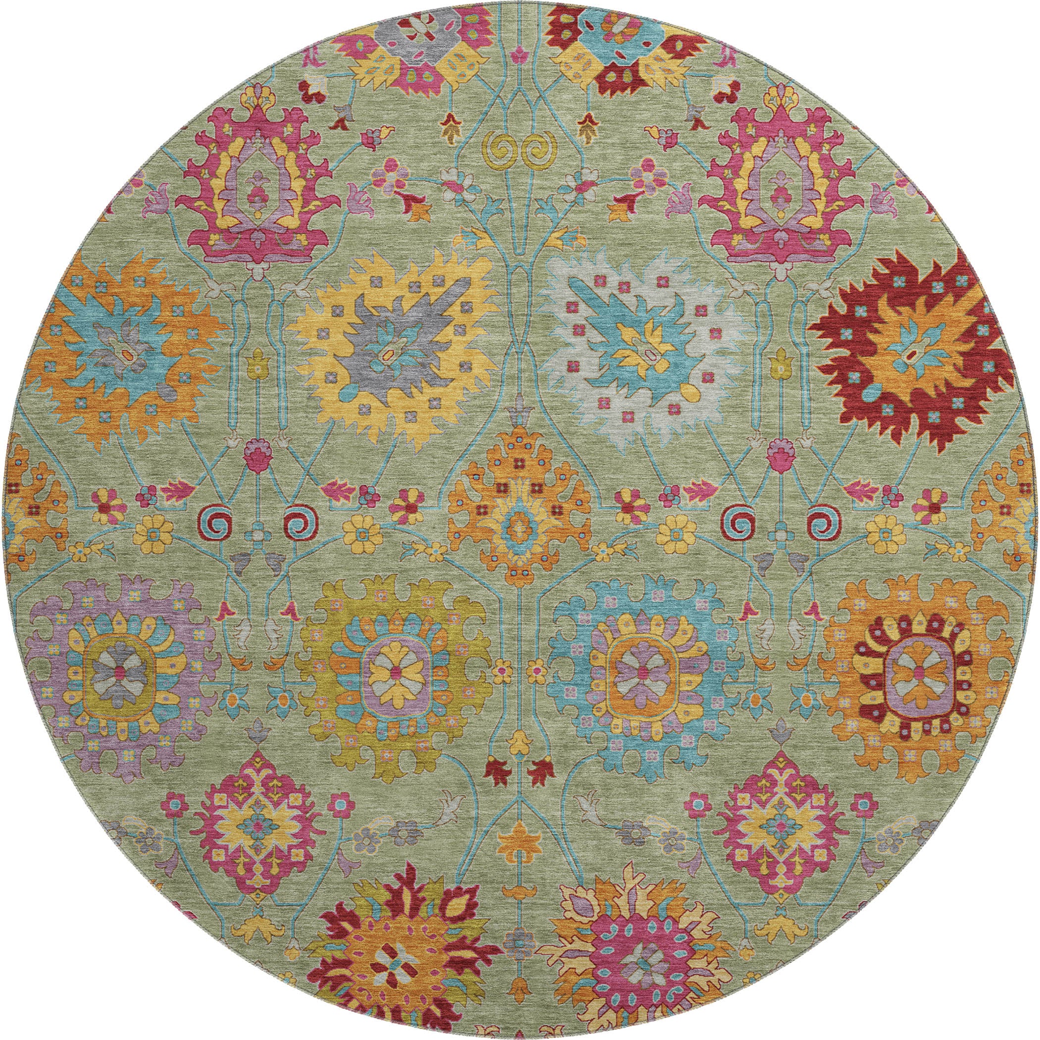 Antigua Machine Washable Transitional Aloe Green Rug 8' x 8' #shape_Round