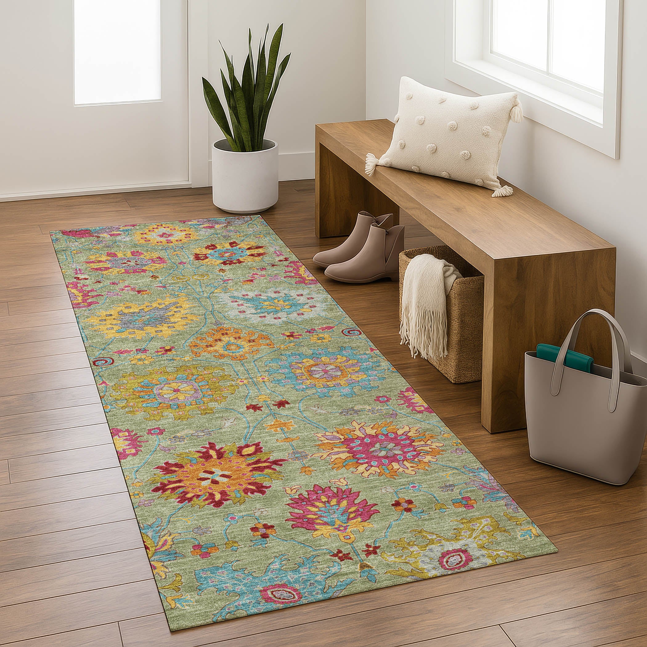 Antigua Machine Washable Transitional Aloe Green Rug 2'3" x 7'6" #shape_Runner