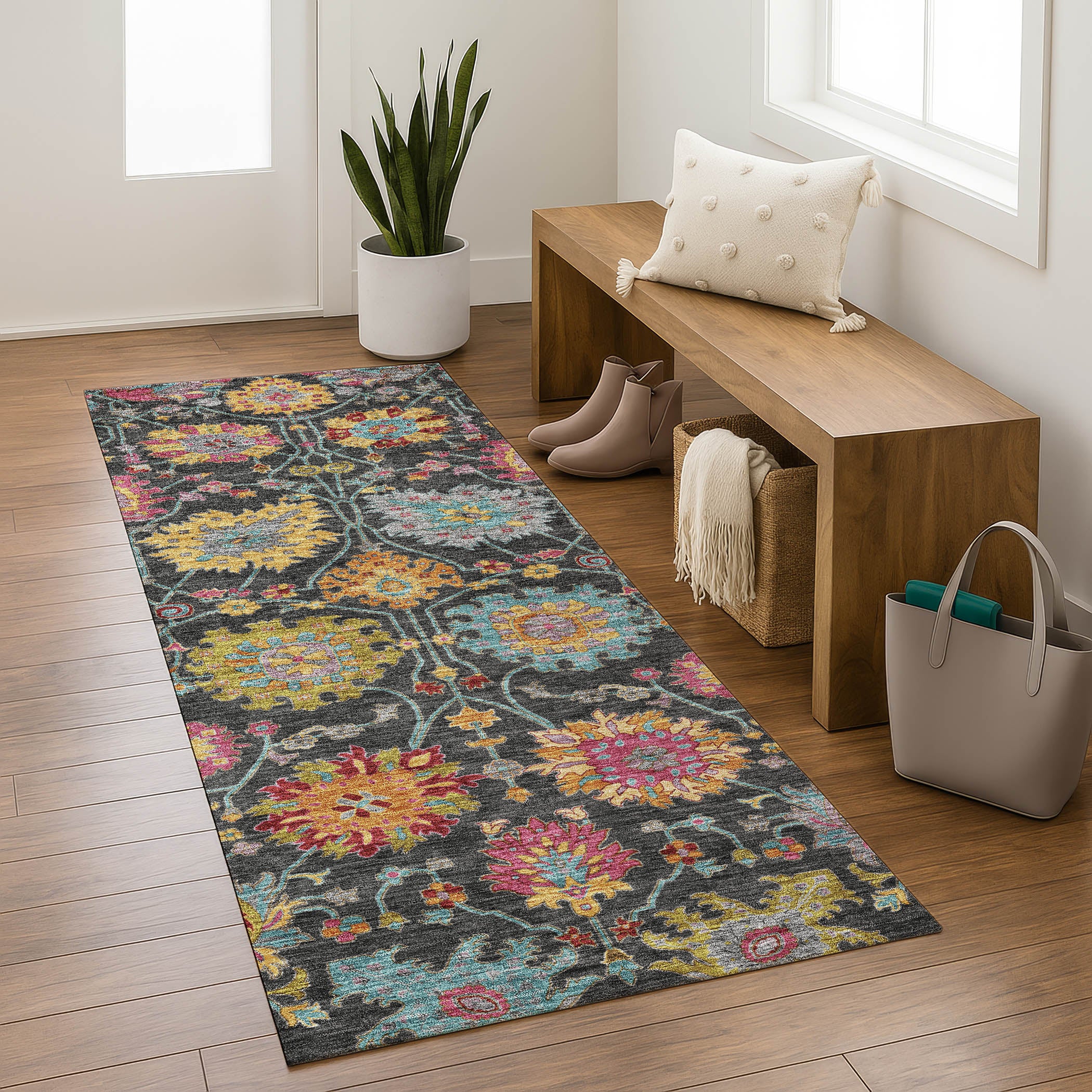 Antigua Machine Washable Transitional Black Rug 2'3" x 7'6" #shape_Runner