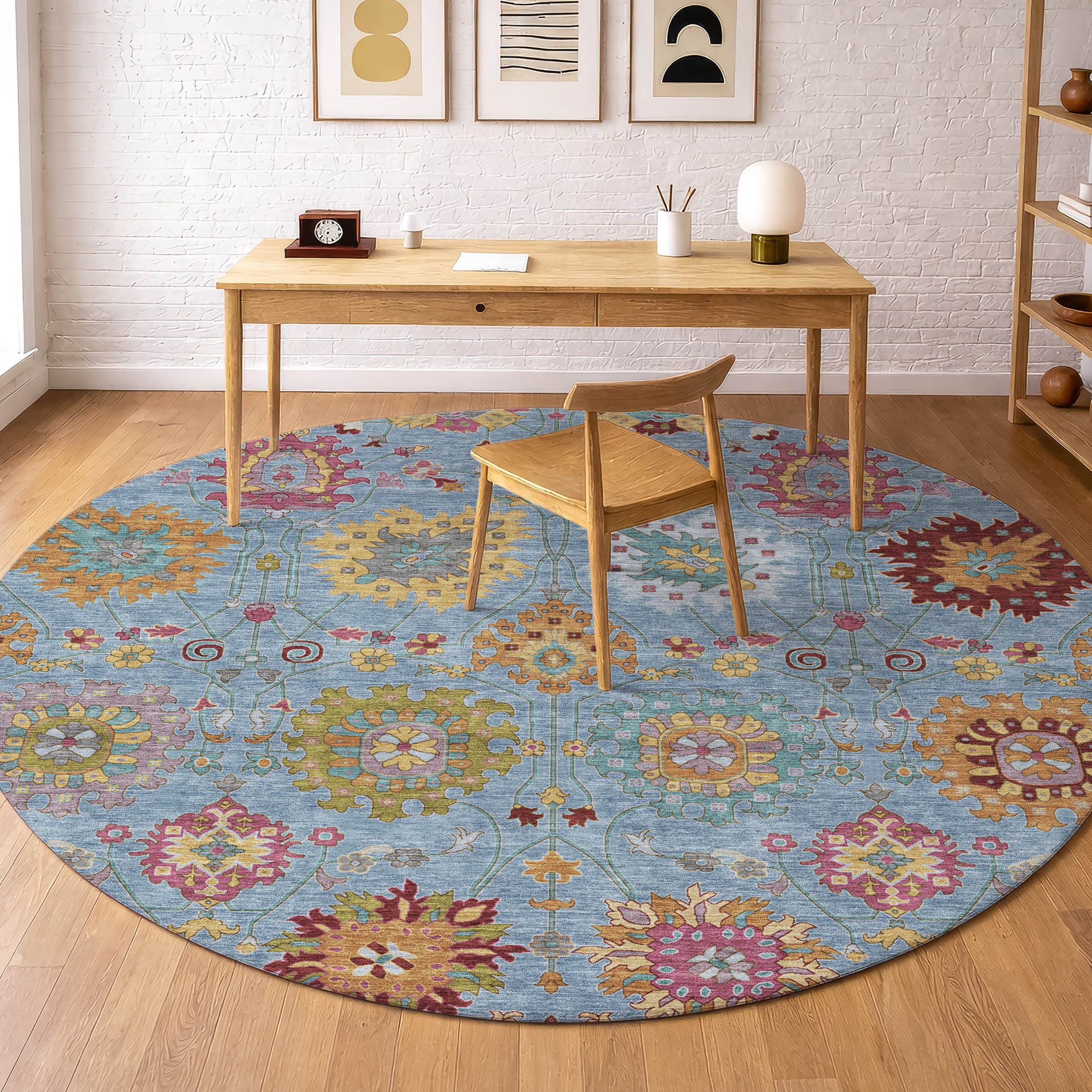 Antigua Machine Washable Transitional Blue Rug 8' x 8' #shape_Round