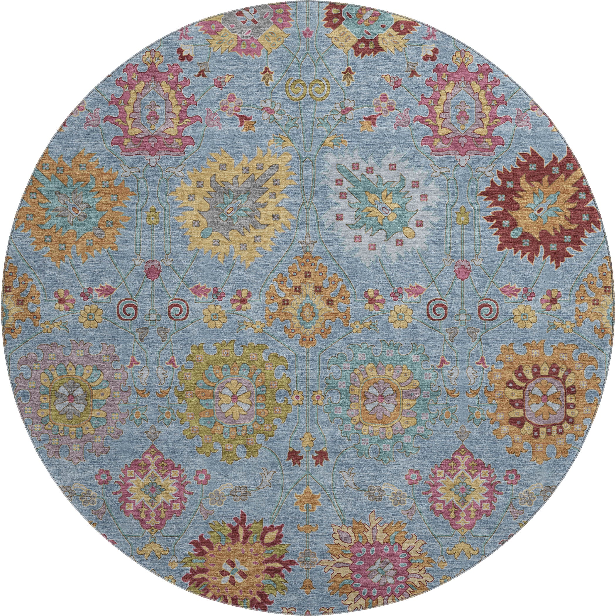 Antigua Machine Washable Transitional Blue Rug 8' x 8' #shape_Round