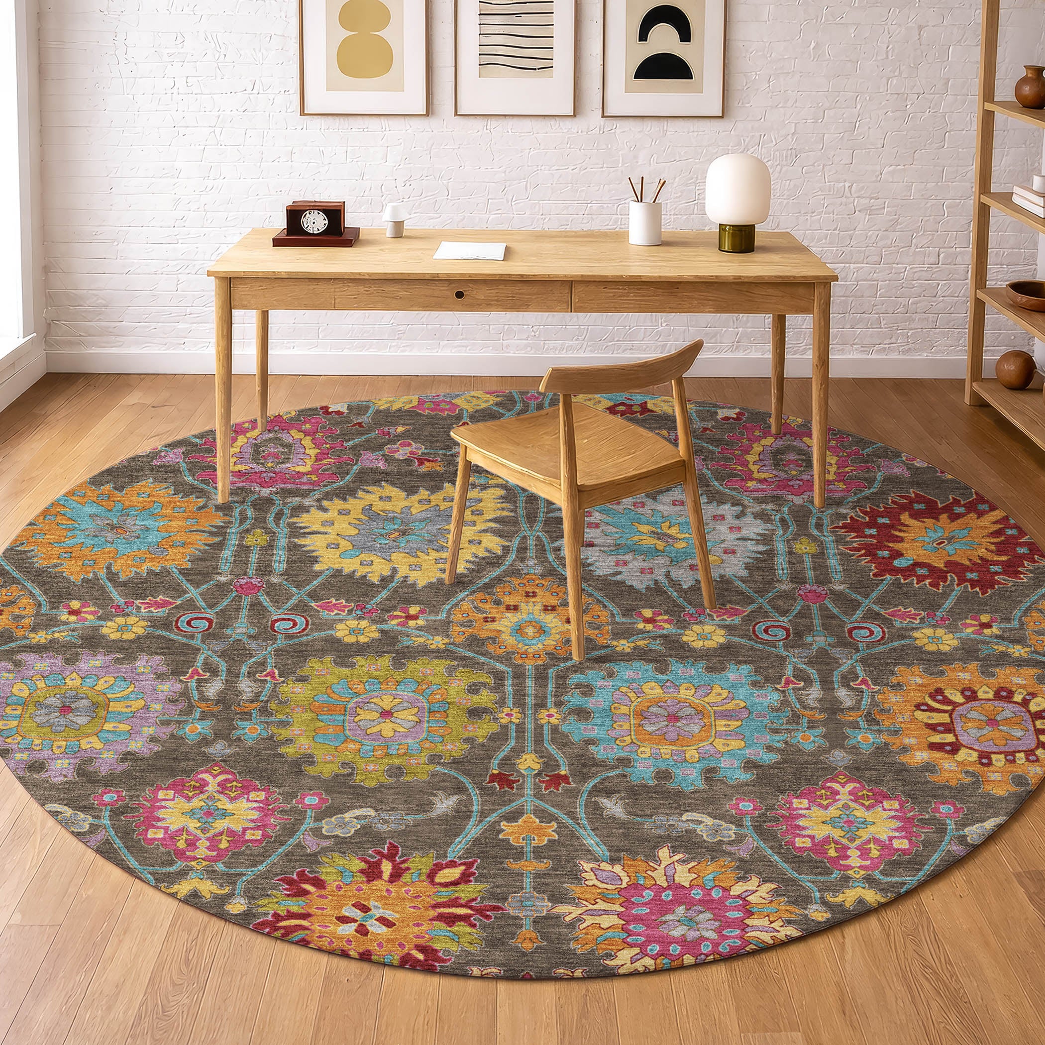 Antigua Machine Washable Transitional Chocolate Brown Rug 8' x 8' #shape_Round