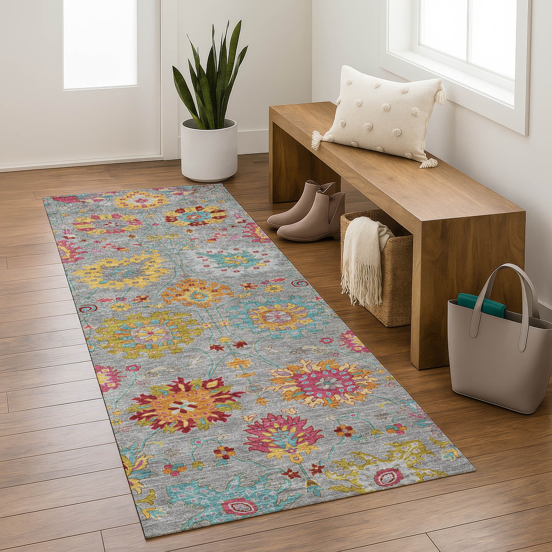 Antigua Machine Washable Transitional Gray Rug 2'3" x 7'6" #shape_Runner