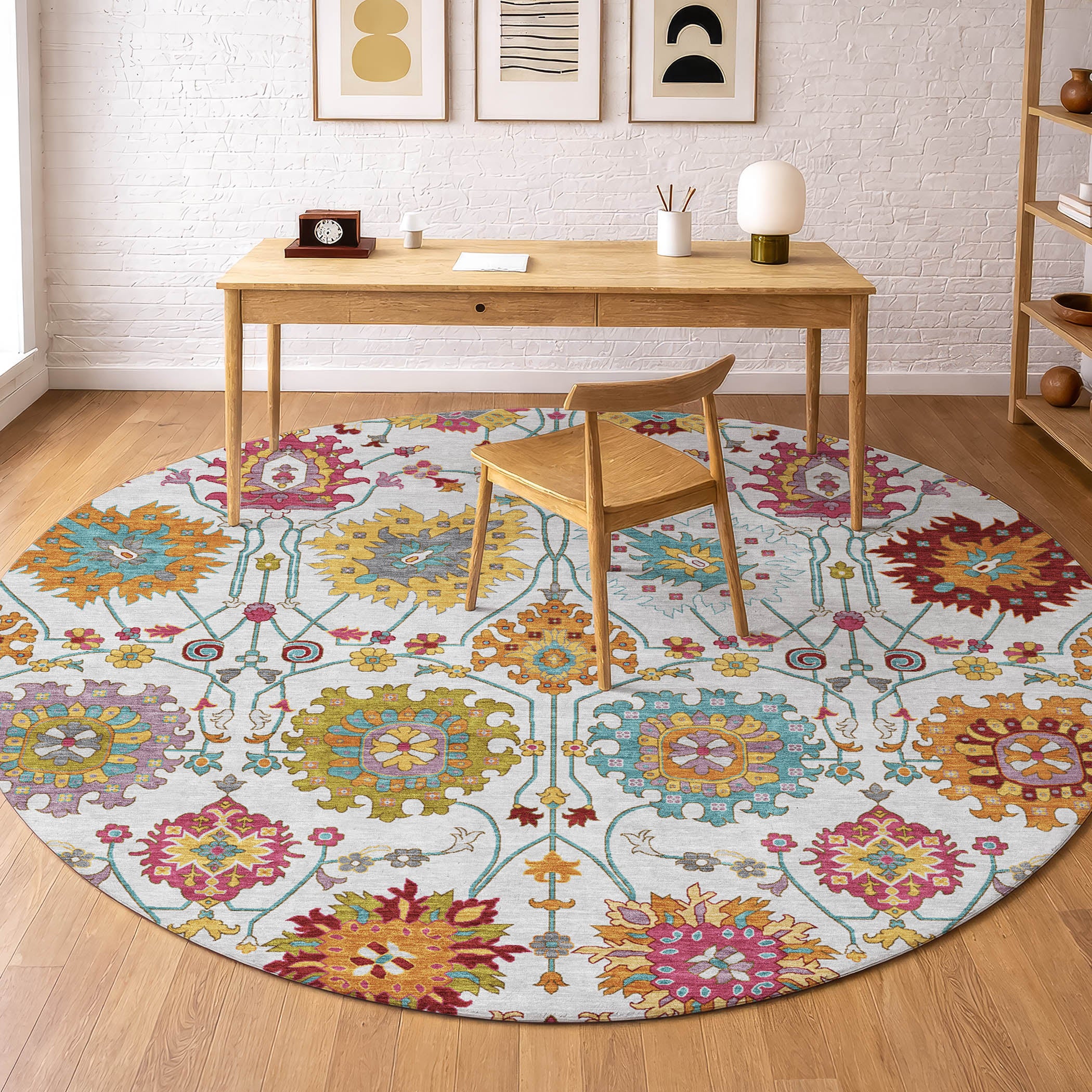 Antigua Machine Washable Transitional Ivory Rug 8' x 8' #shape_Round
