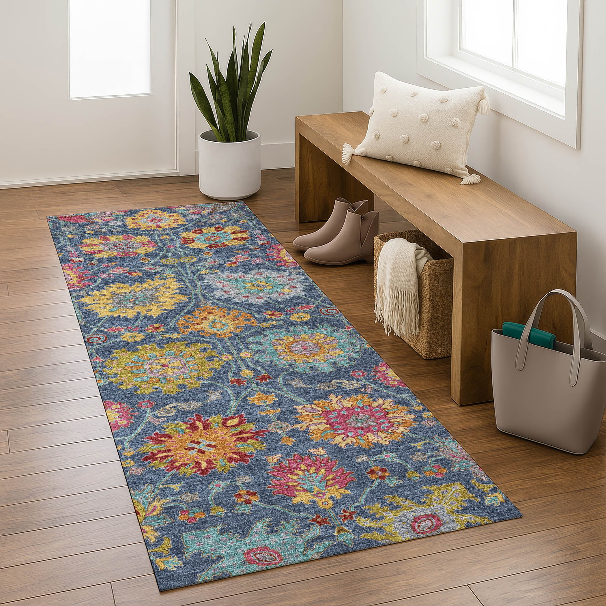Antigua Machine Washable Transitional Navy Blue Rug 2'3" x 7'6" #shape_Runner