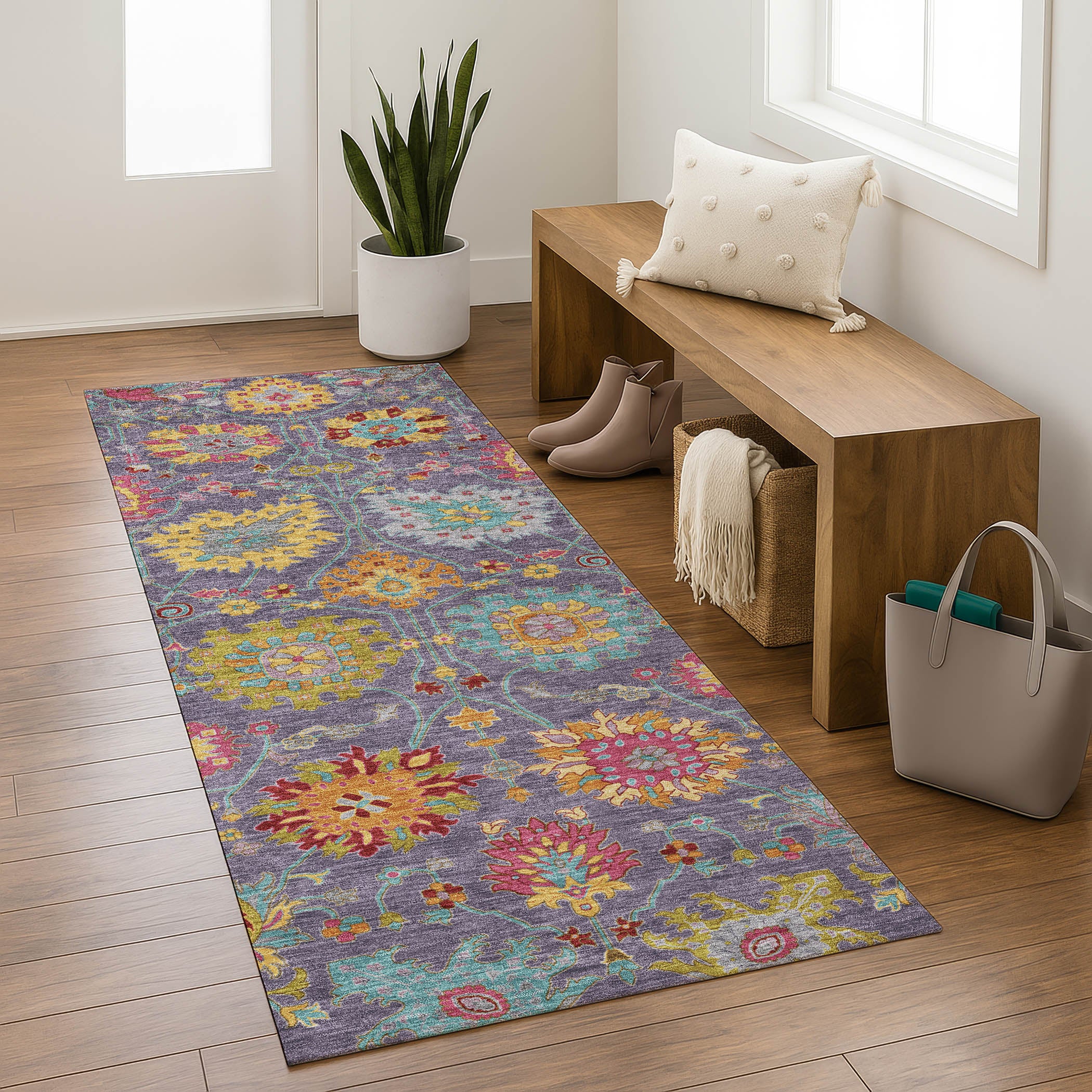 Antigua Machine Washable Transitional Purple Rug 2'3" x 7'6" #shape_Runner
