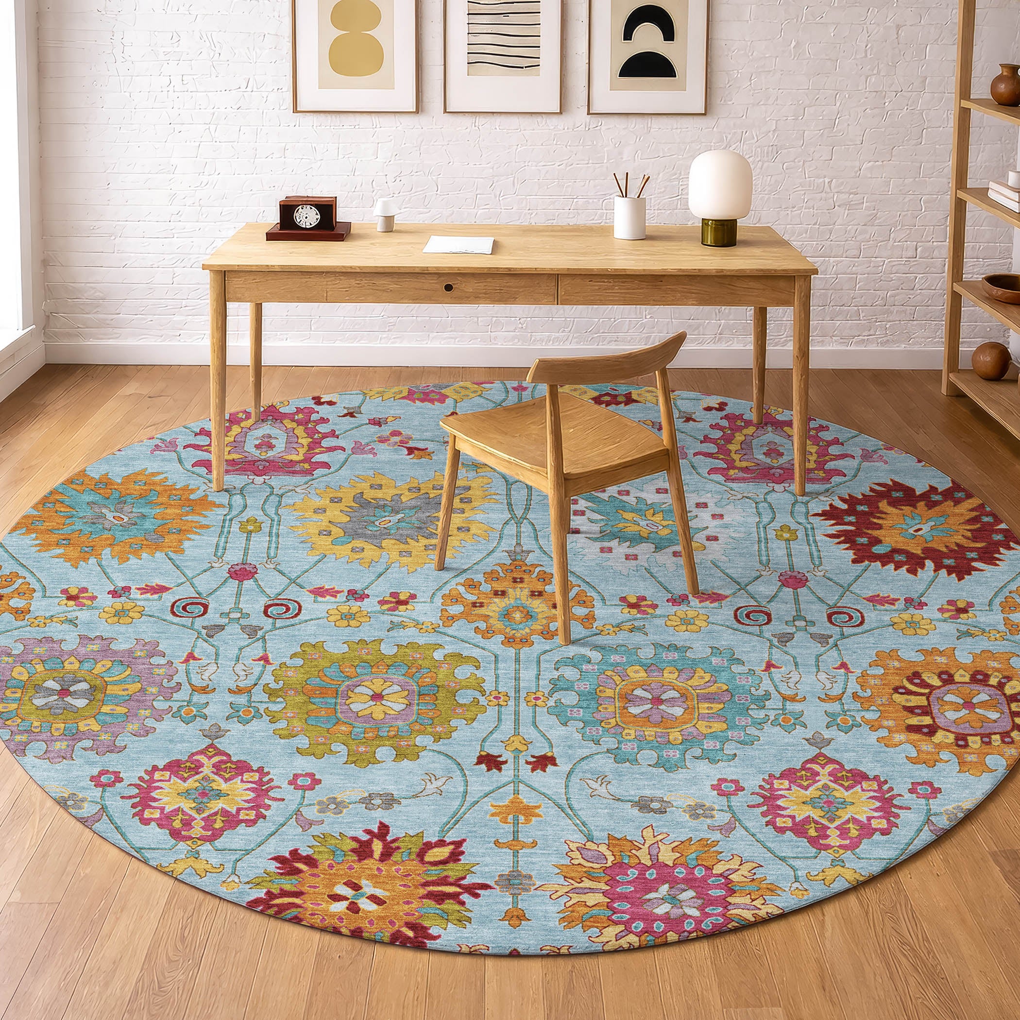 Antigua Machine Washable Transitional Sky Blue Rug 8' x 8' #shape_Round