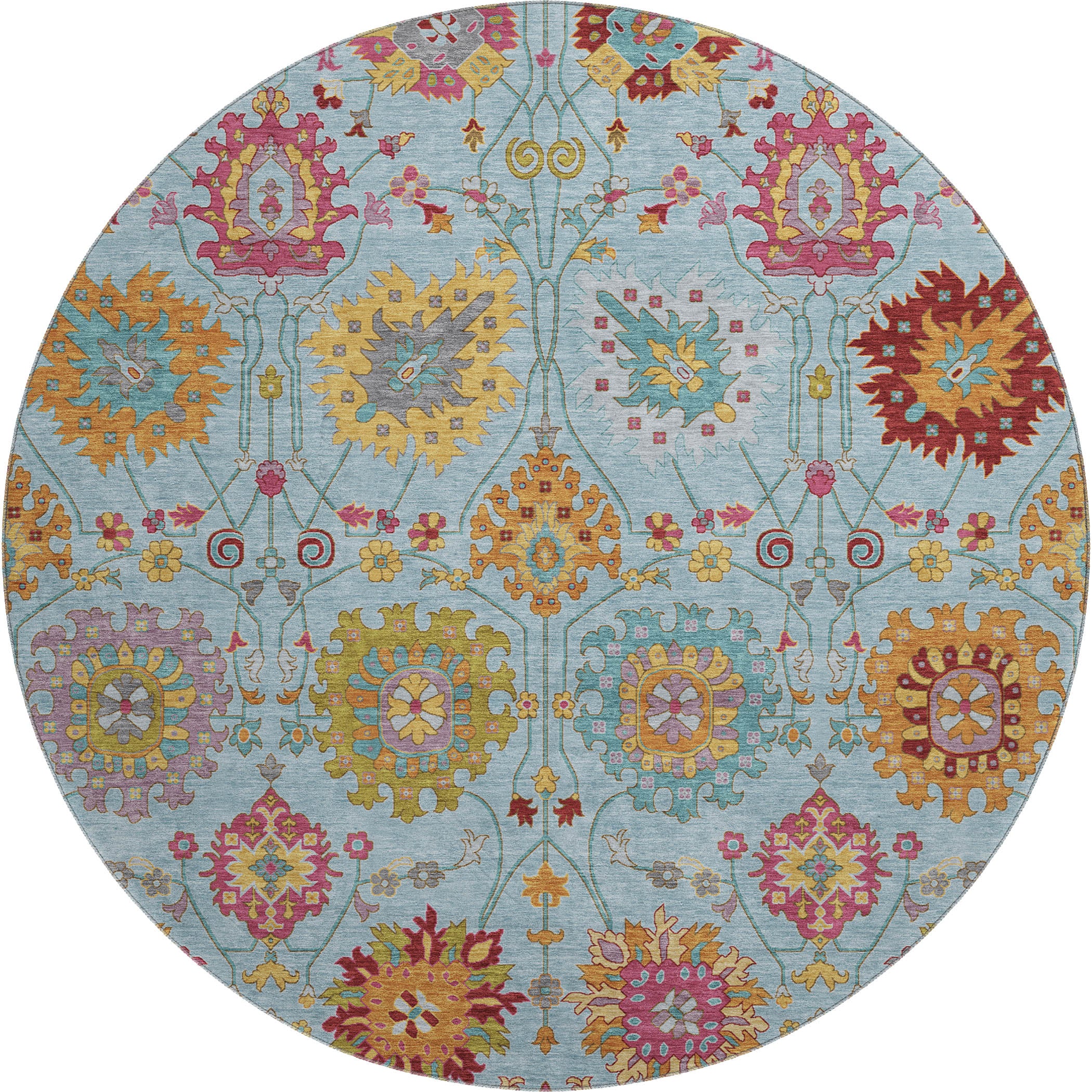 Antigua Machine Washable Transitional Sky Blue Rug 8' x 8' #shape_Round