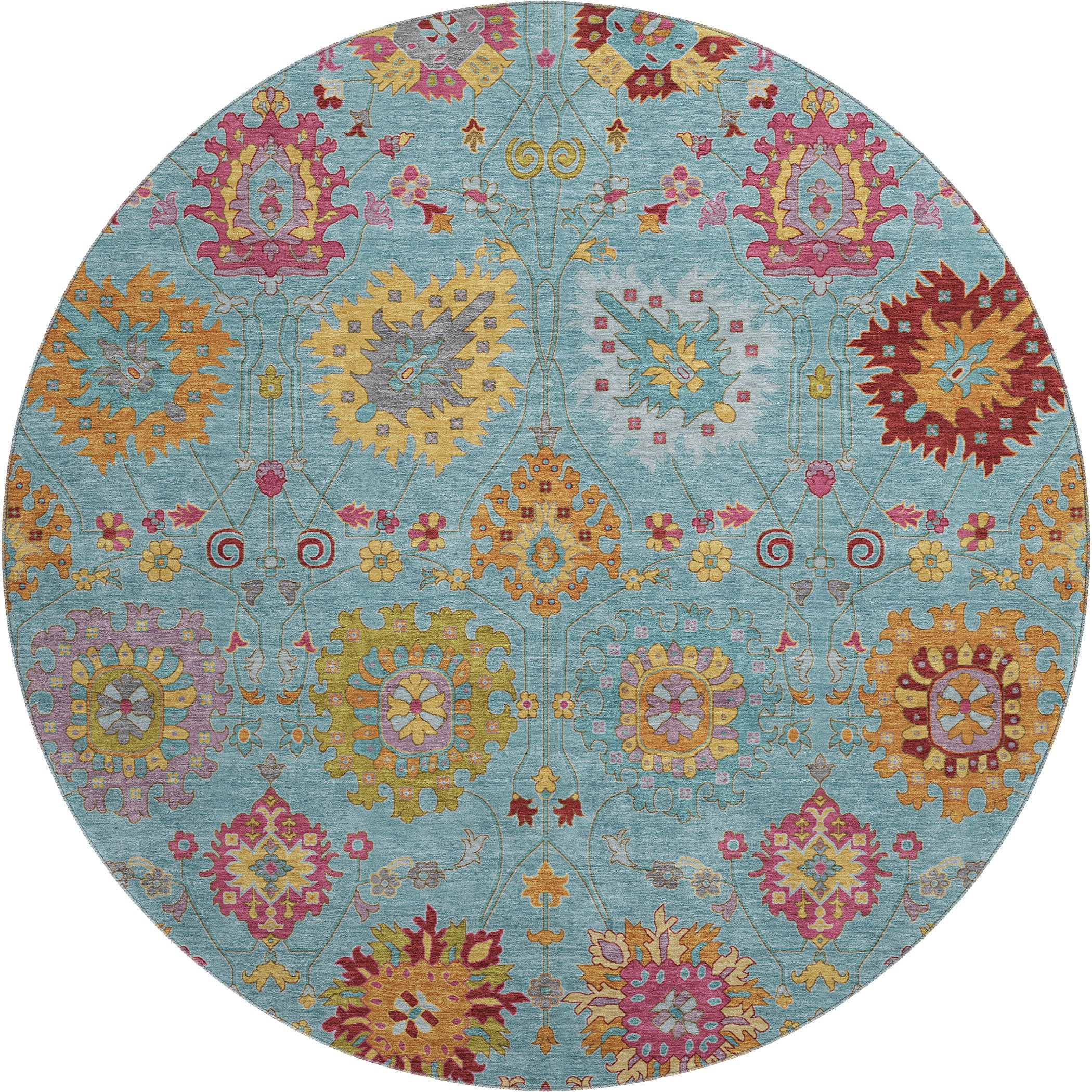 Antigua Machine Washable Transitional Teal Rug 8' x 8' #shape_Round