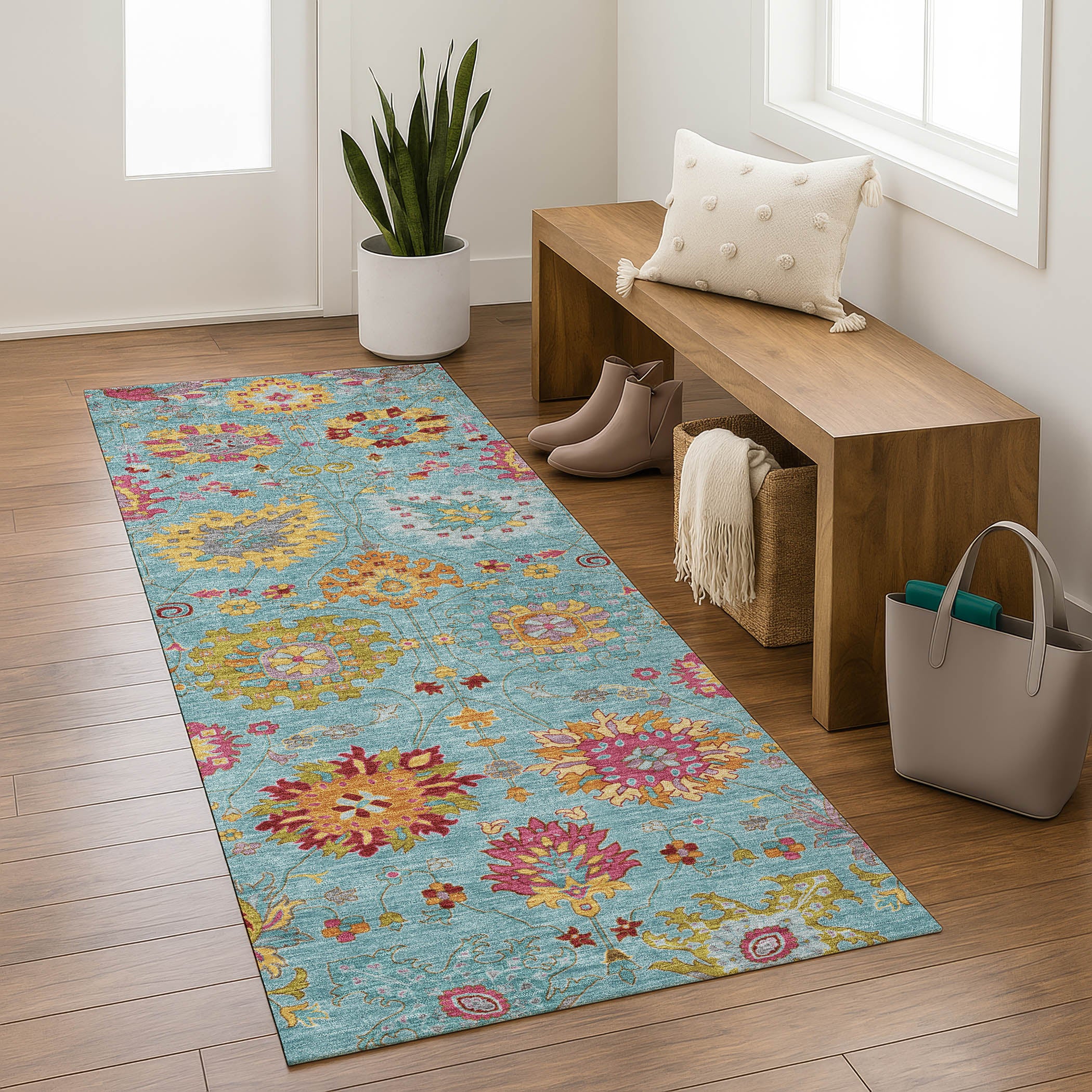 Antigua Machine Washable Transitional Teal Rug 2'3" x 7'6" #shape_Runner