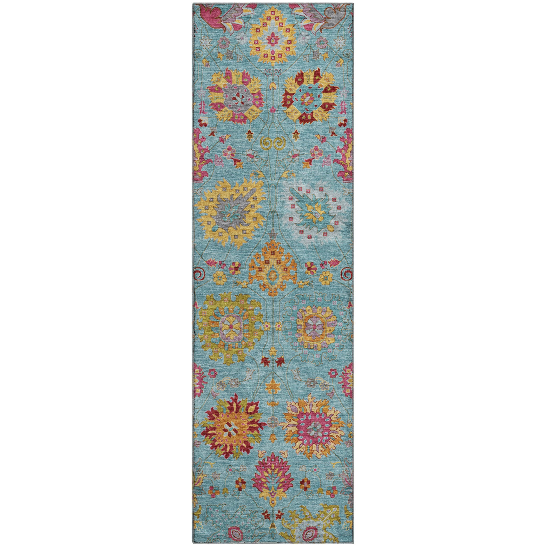 Antigua Machine Washable Transitional Teal Rug 2'3" x 7'6" #shape_Runner