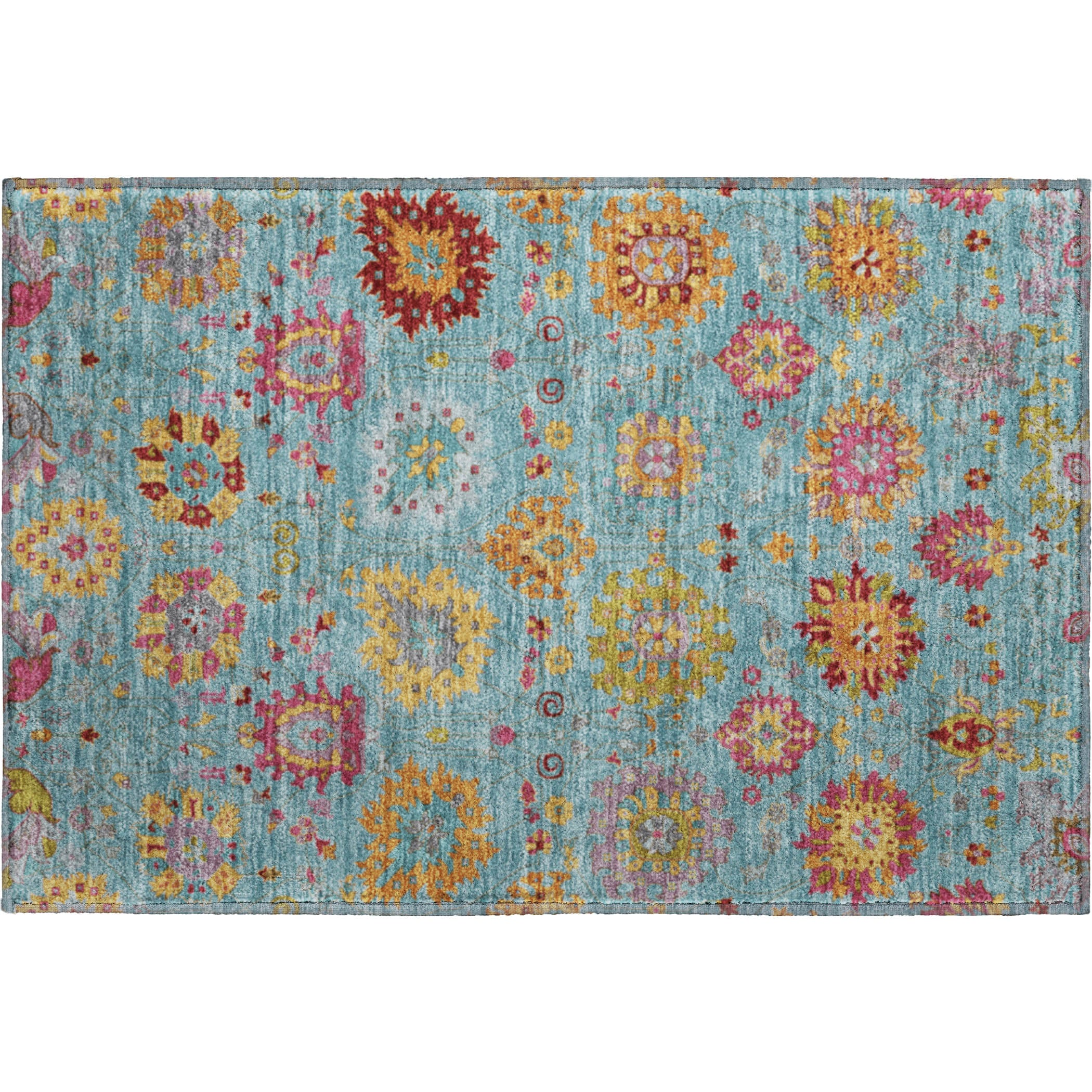 Antigua Machine Washable Transitional Teal Rug 1'8" x 2'6" #shape_Rectangle