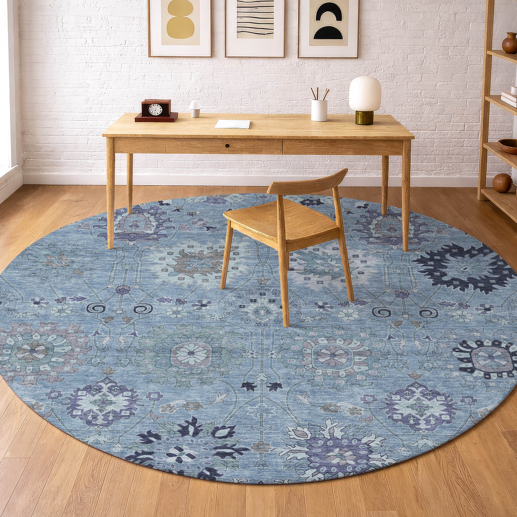 Queenstown Machine Washable Transitional Denim Blue Rug 8' x 8' #shape_Round