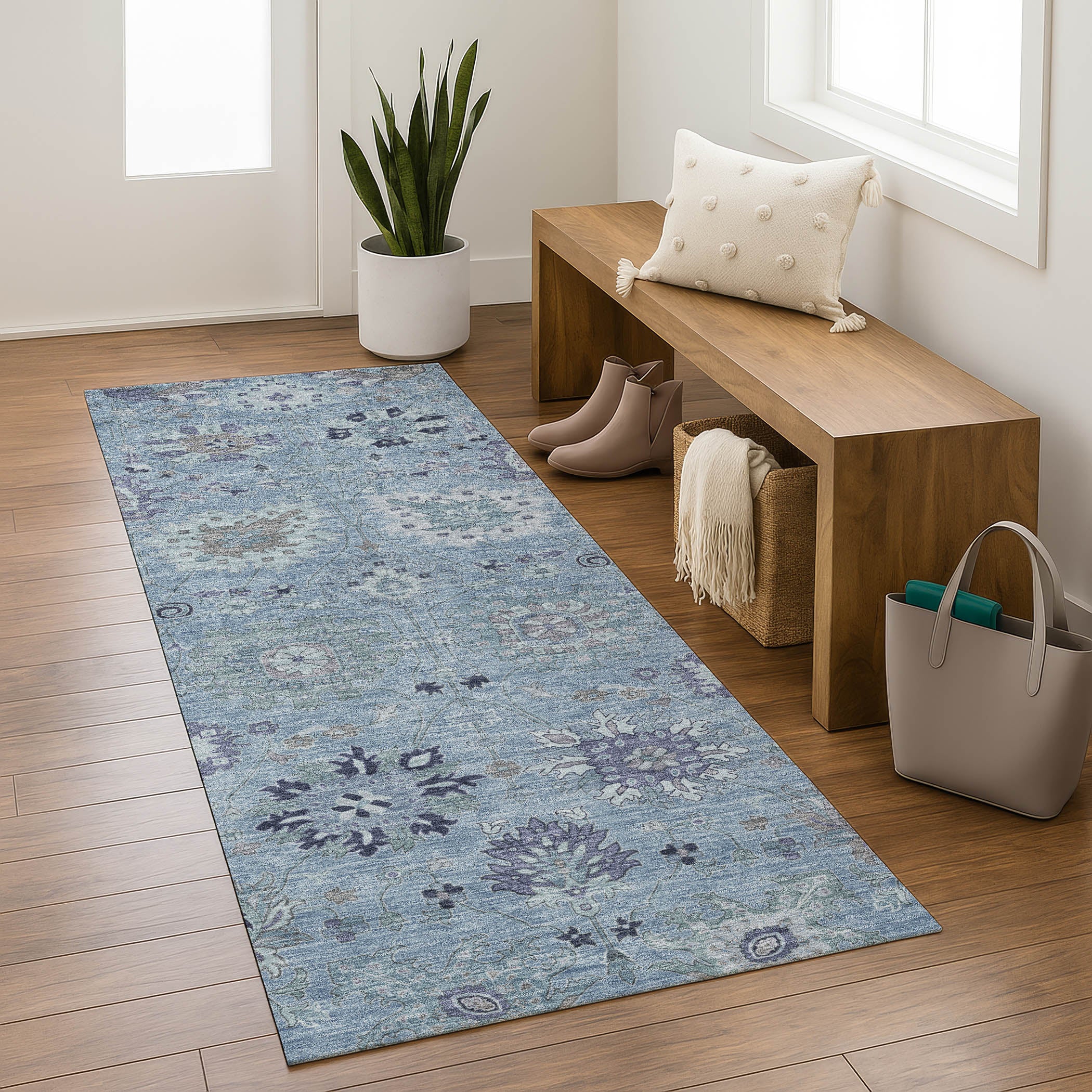 Queenstown Machine Washable Transitional Denim Blue Rug 2'3" x 7'6" #shape_Runner