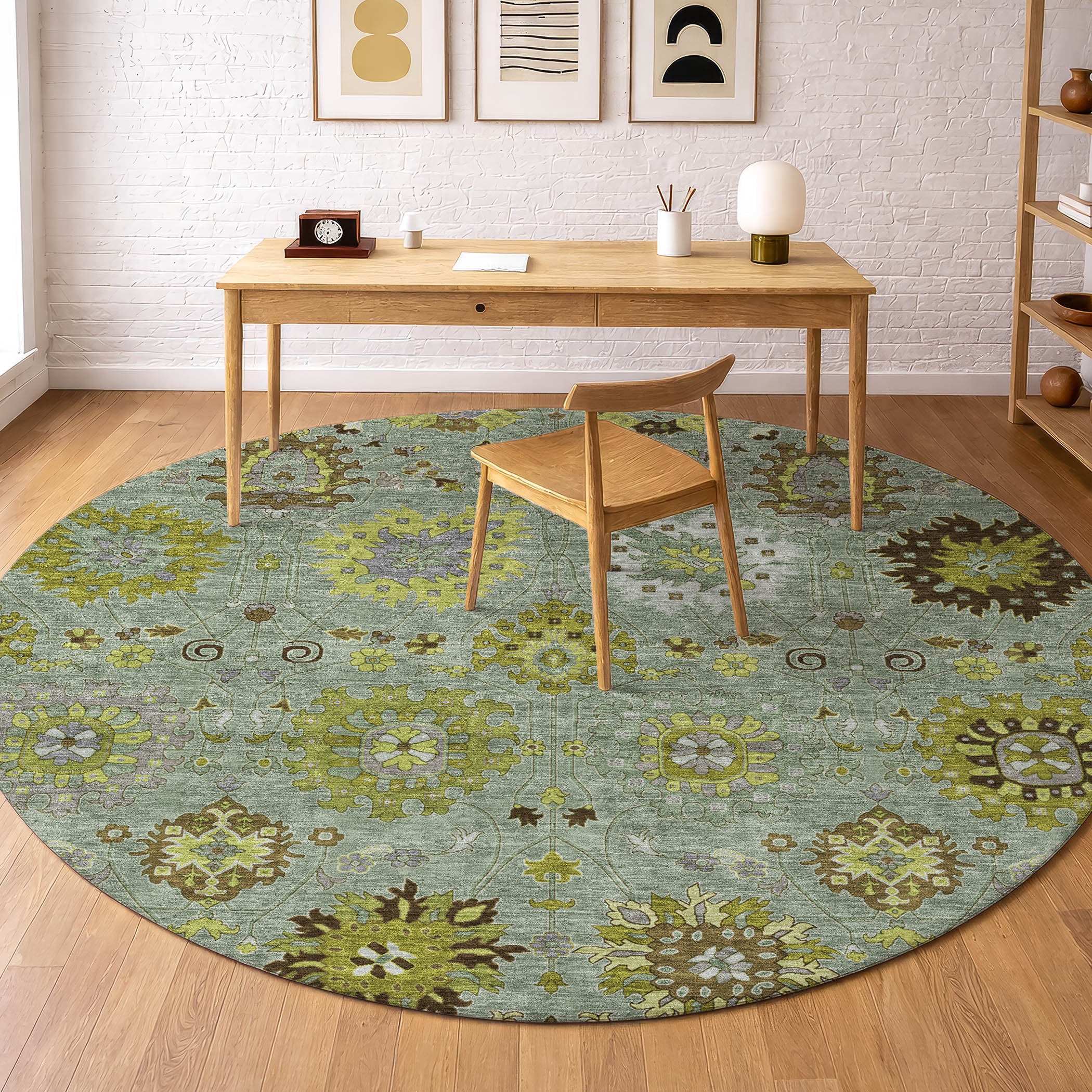 Queenstown Machine Washable Transitional Fern Green Rug 8' x 8' #shape_Round