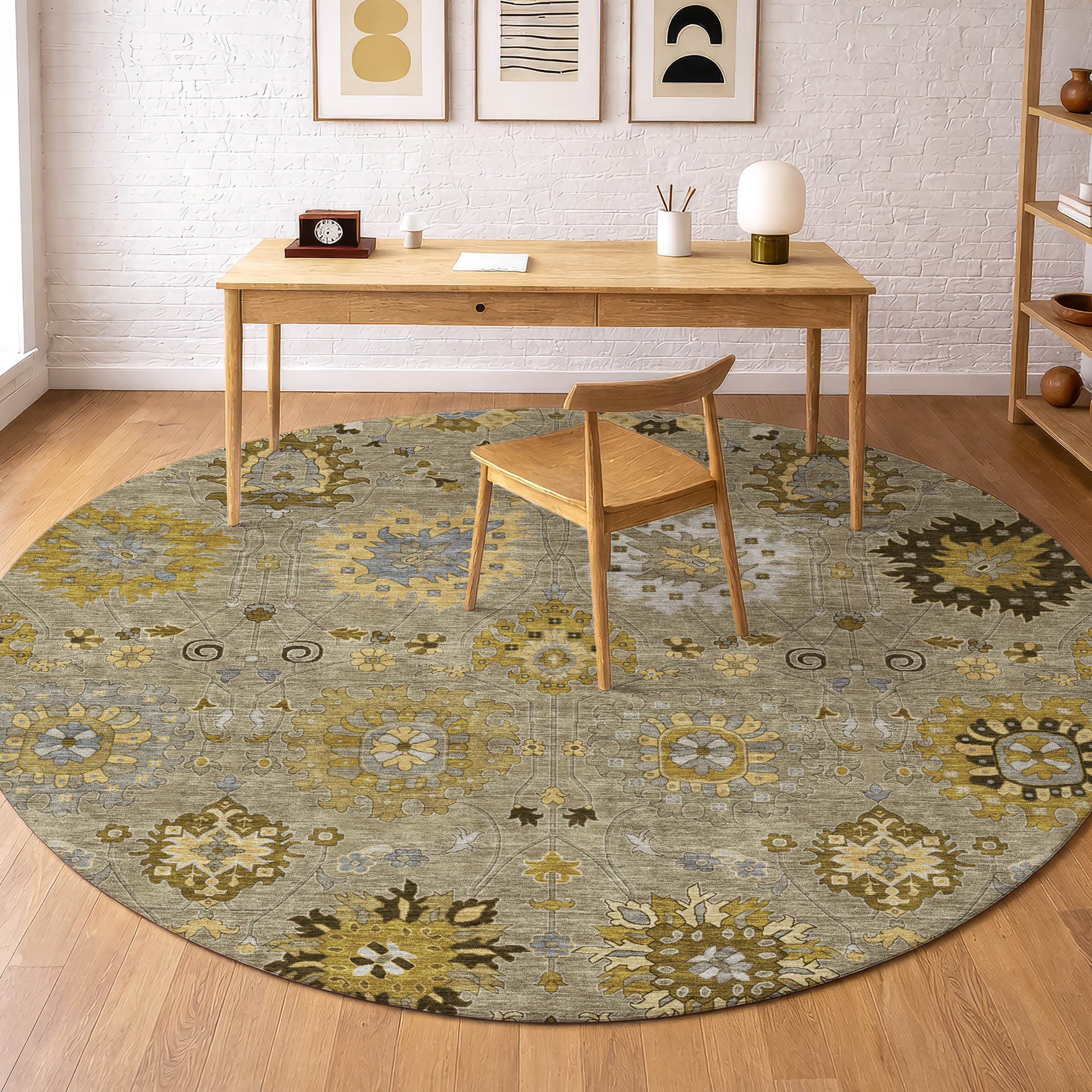 Queenstown Machine Washable Transitional Khaki Brown Rug 8' x 8' #shape_Round