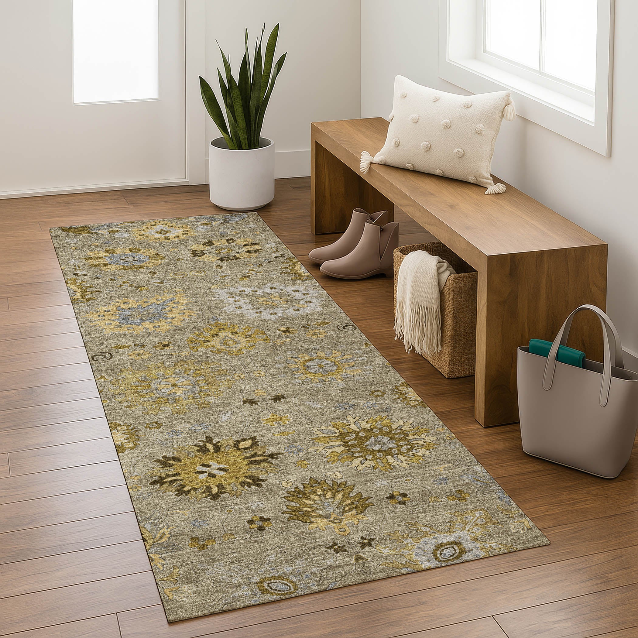 Queenstown Machine Washable Transitional Khaki Brown Rug 2'3" x 7'6" #shape_Runner