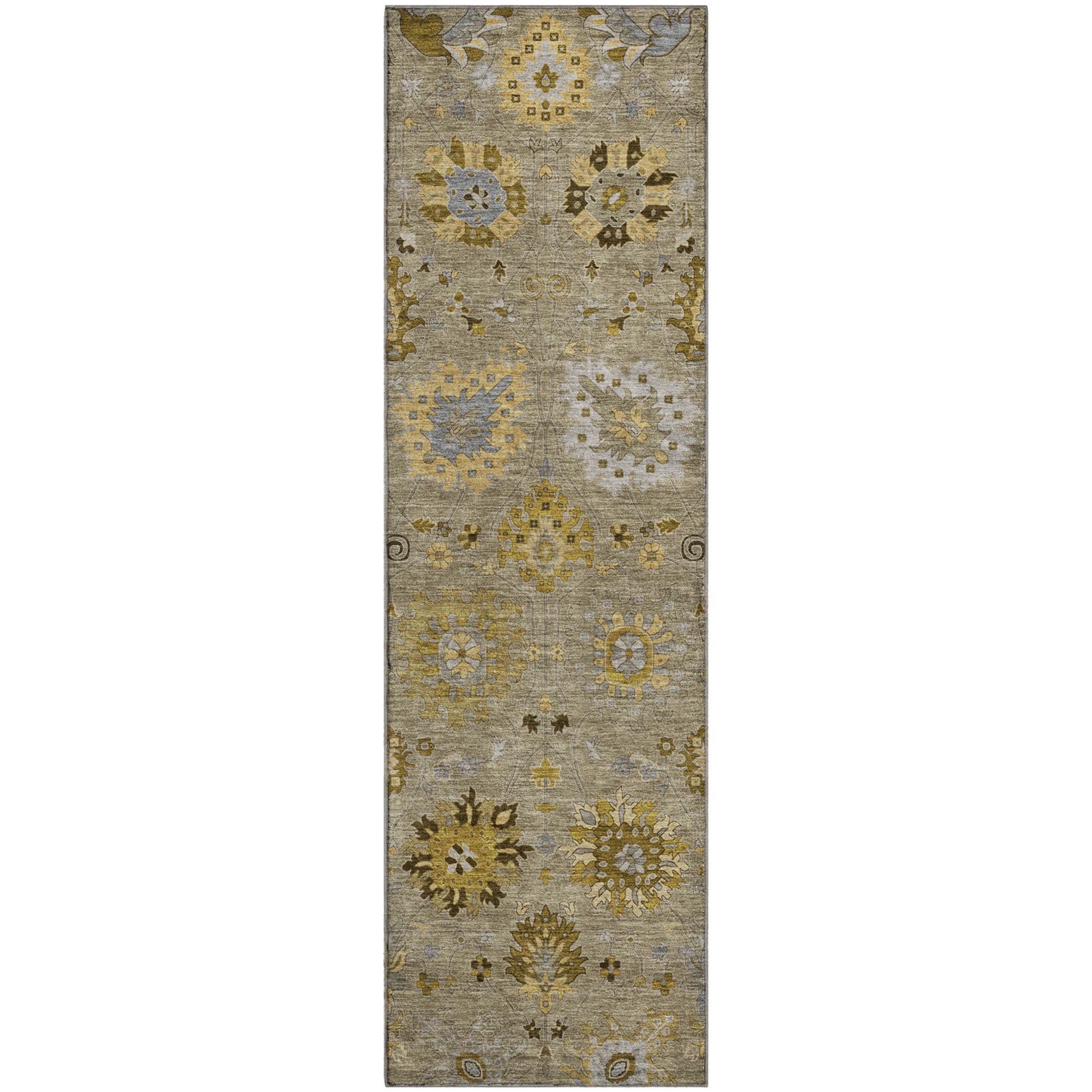 Queenstown Machine Washable Transitional Khaki Brown Rug 2'3" x 7'6" #shape_Runner