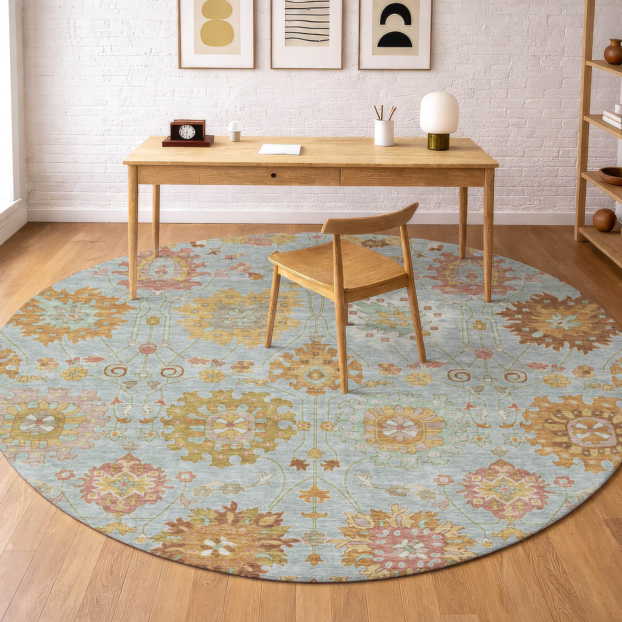 Queenstown Machine Washable Transitional Seafoam Blue Rug 8' x 8' #shape_Round
